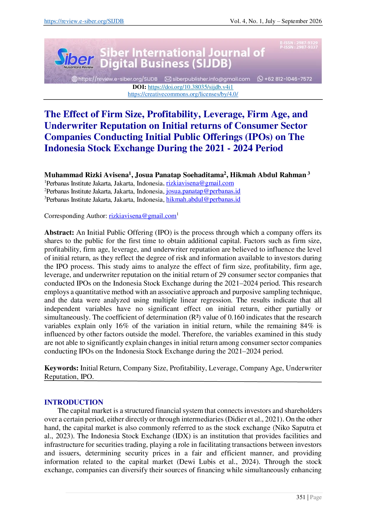 JURIS The Effect of Firm Size Profitability Leverage Firm Age and Underwriter Reputation on Initial returns of Consumer Sector Companies Conducting Initial Public Offerings IPOs on The Indonesia Stock