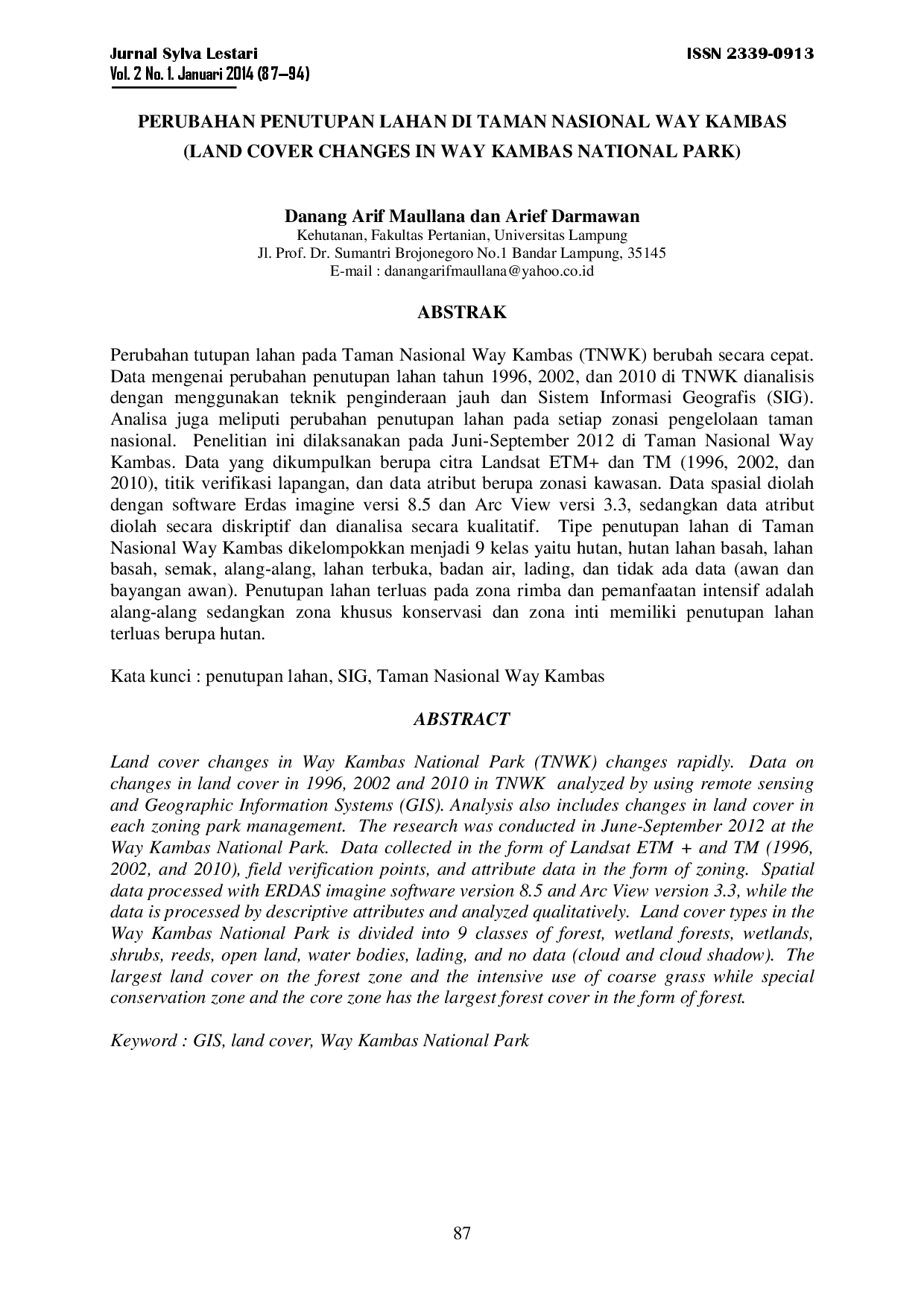 juris Perubahan Penutupan Lahan Di Taman Nasional Way Kambas