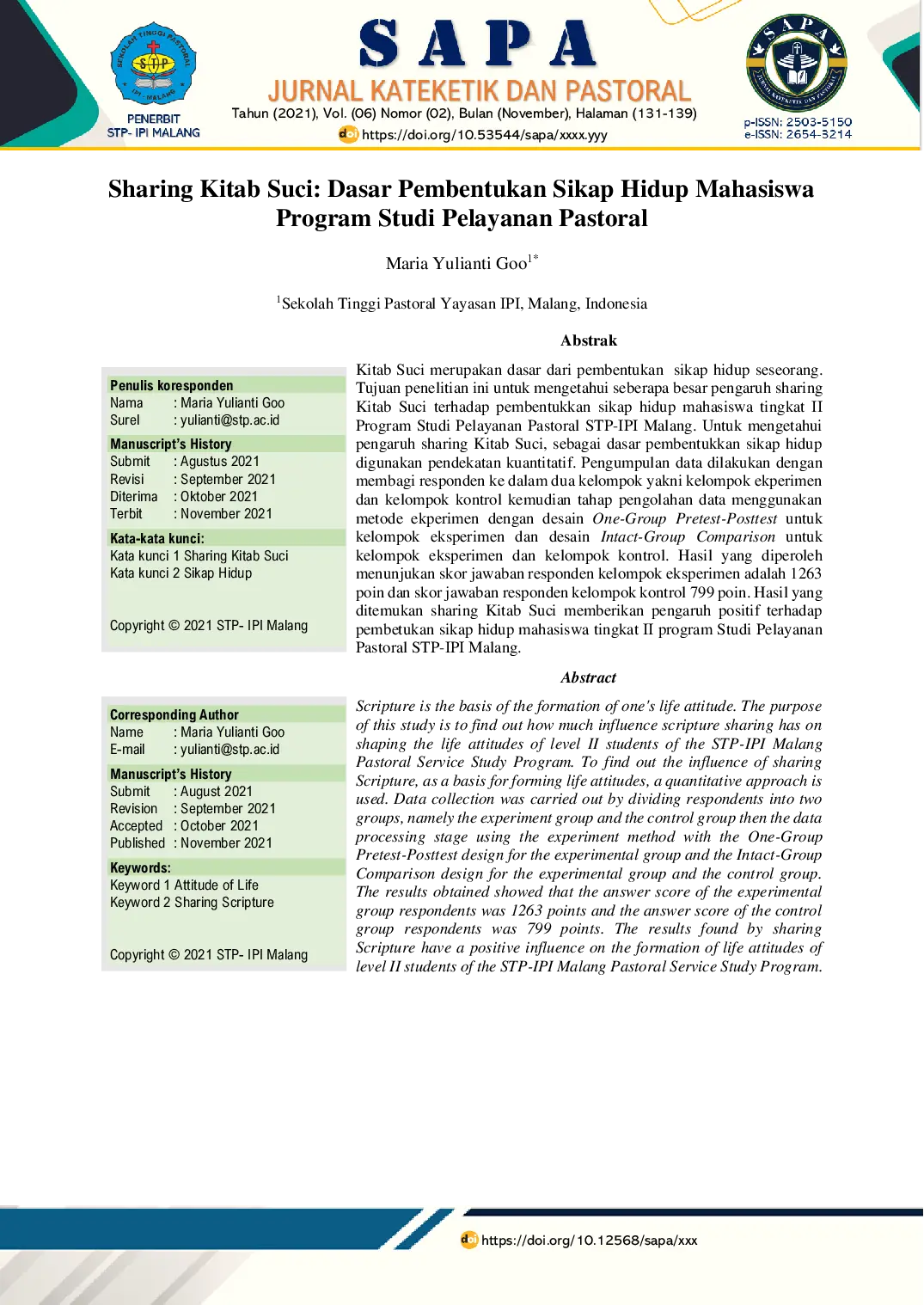 JURIS Sharing Kitab Suci Dasar Pembentukan Sikap Hidup Mahasiswa Program Studi Pelayanan Pastoral