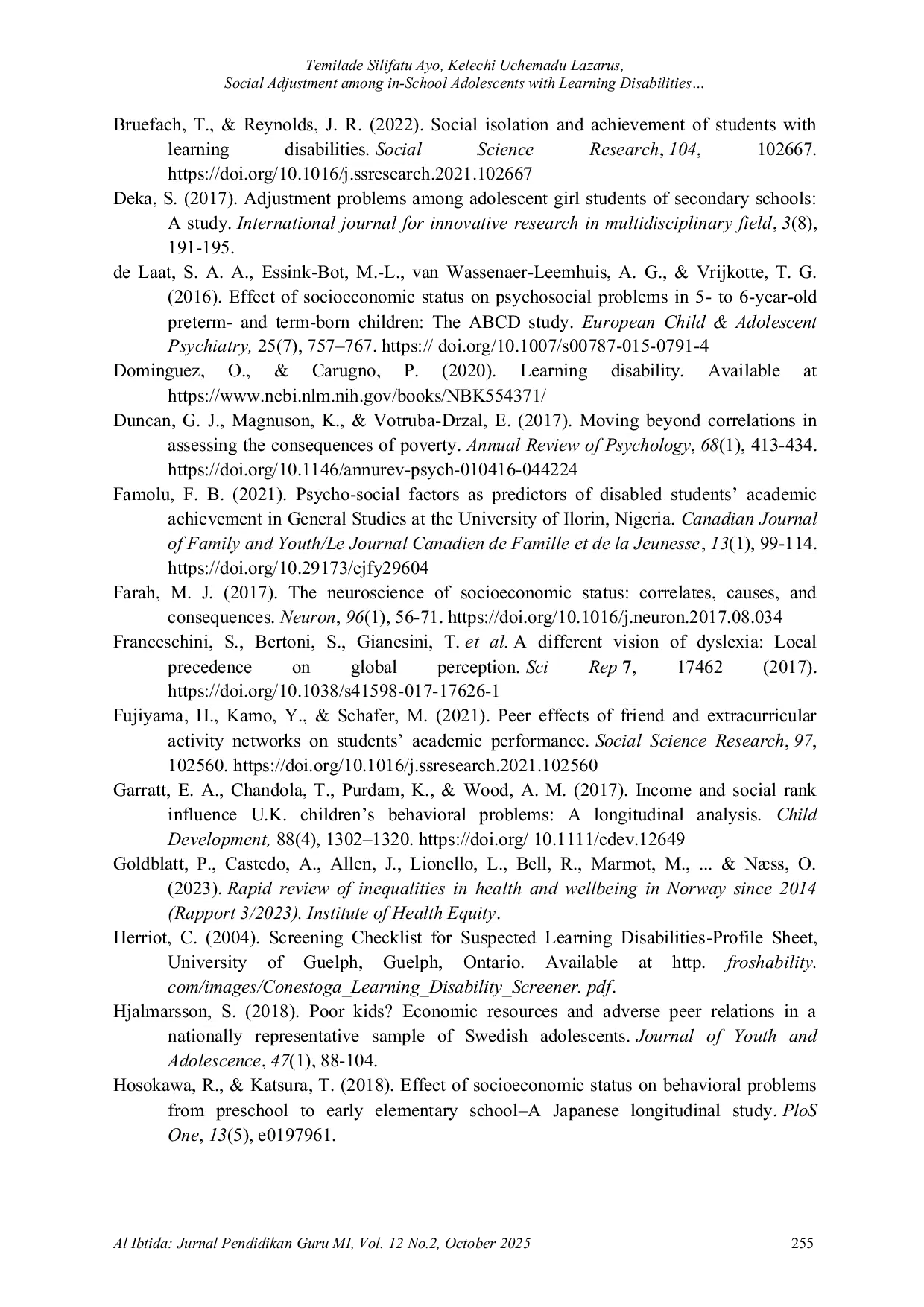 JURIS Social Adjustment among in School Adolescents with Learning Disabilities Do Parental Socioeconomic Status and Peer Influence Play Any Role