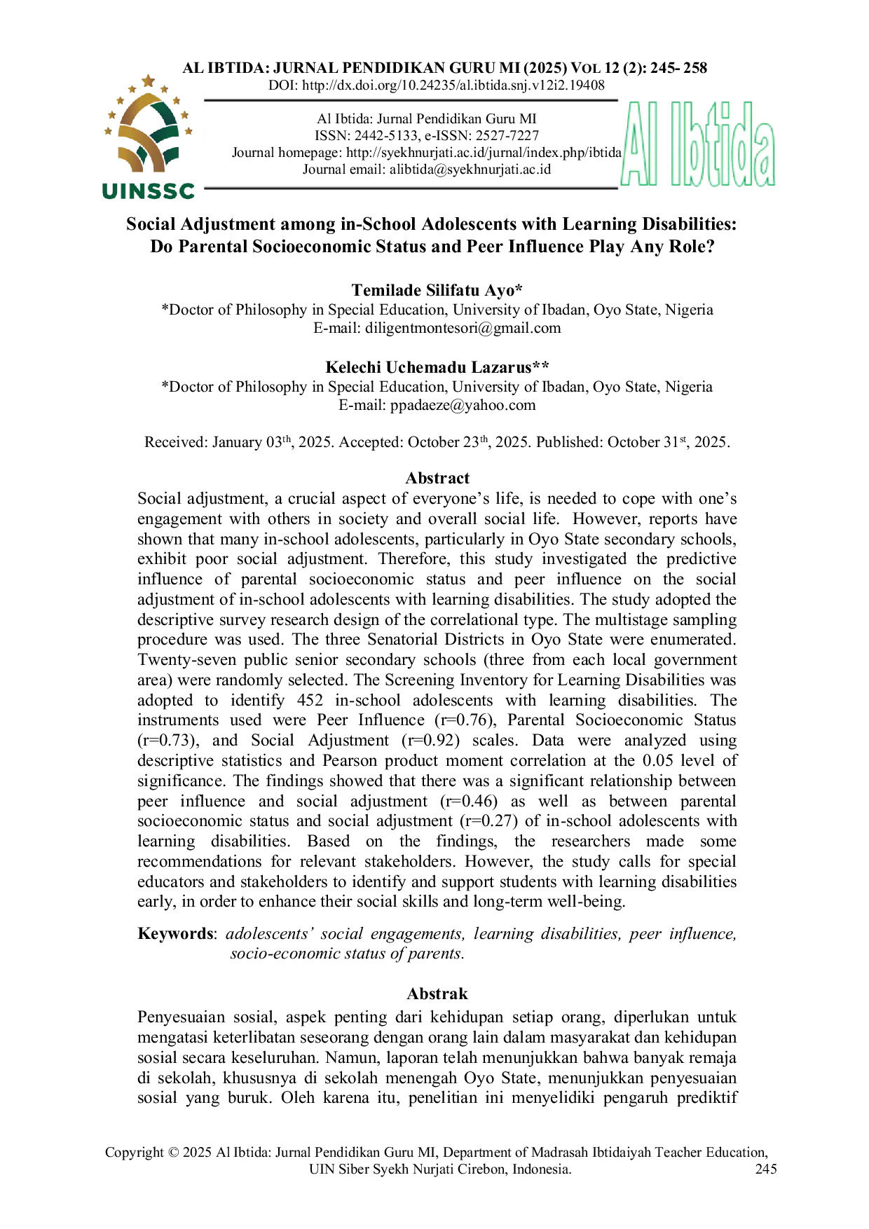 JURIS Social Adjustment among in School Adolescents with Learning Disabilities Do Parental Socioeconomic Status and Peer Influence Play Any Role
