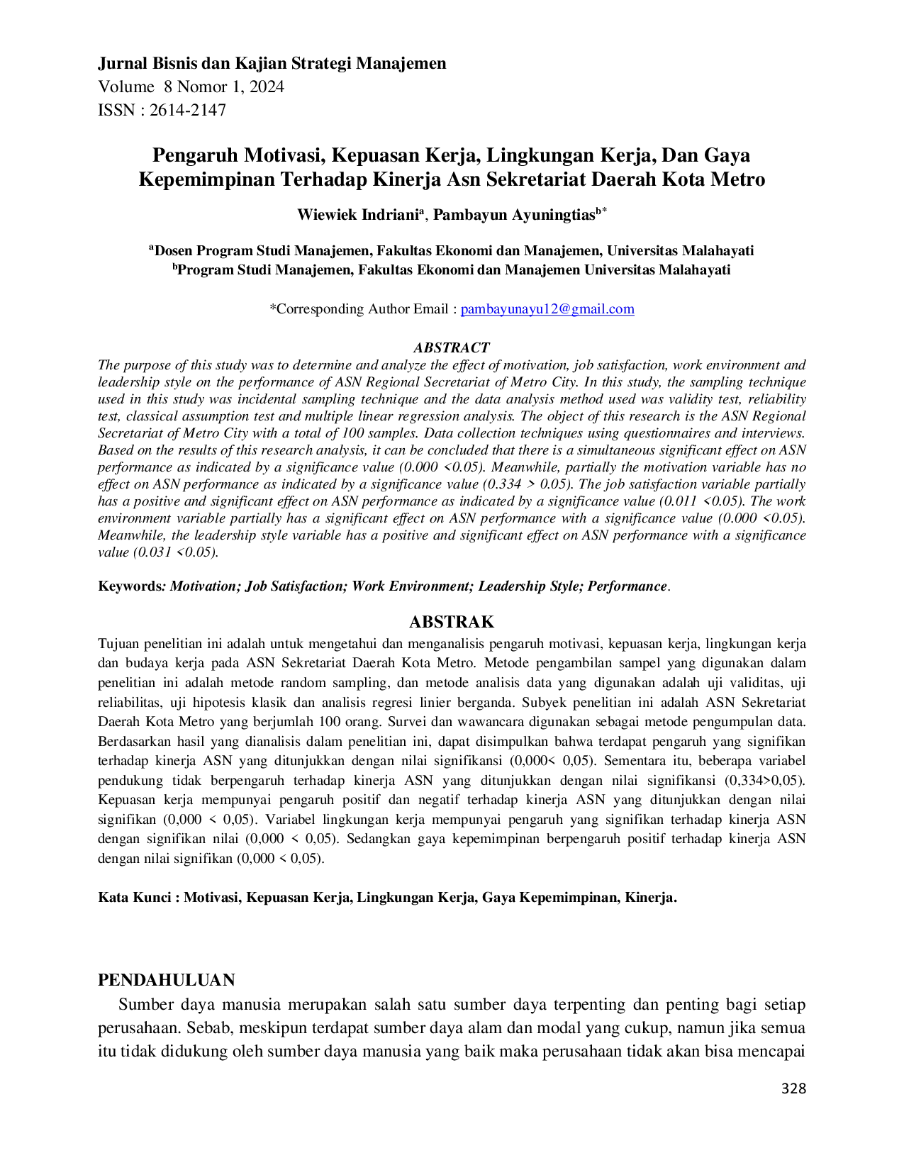 JURIS Pengaruh Motivasi Kepuasan Kerja Lingkungan Kerja Dan Gaya Kepemimpinan Terhadap Kinerja Asn Sekretariat Daerah Kota Metro