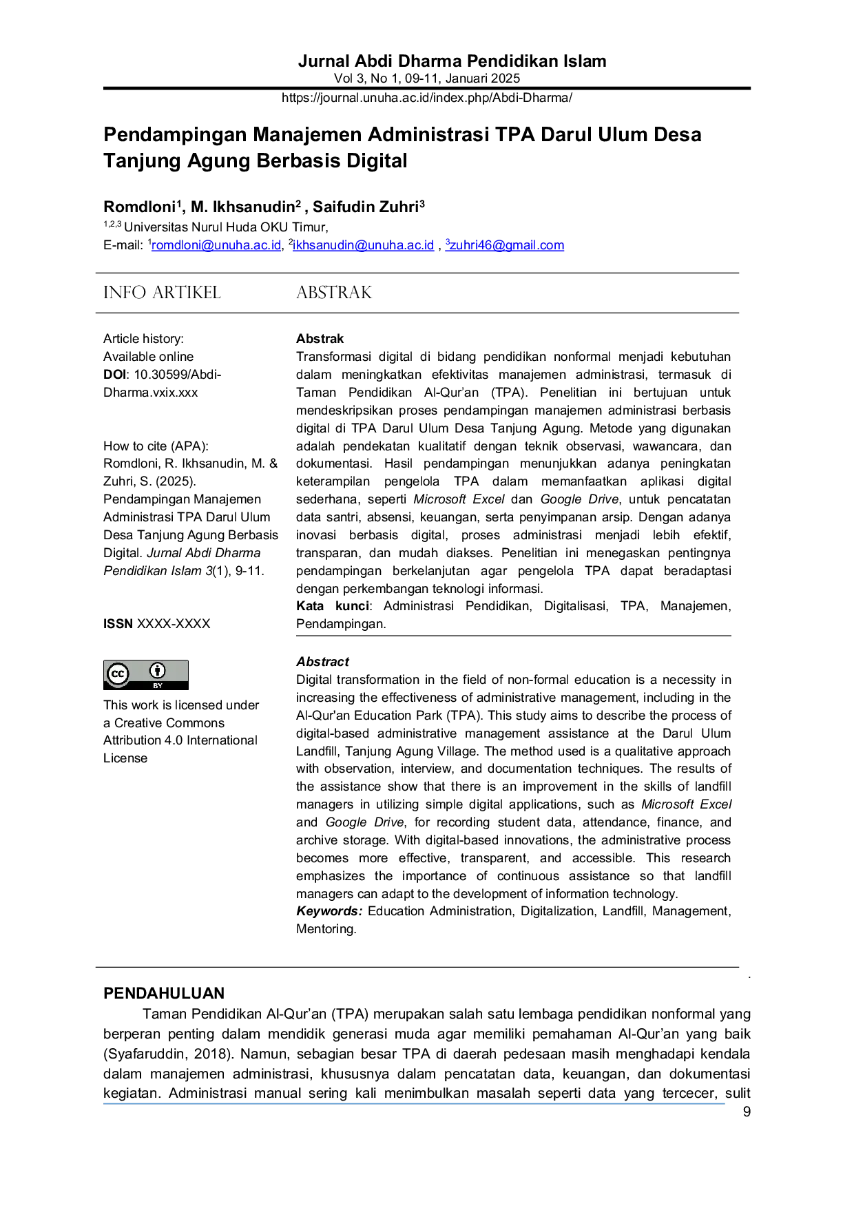 JURIS Digital Based Administrative Management Assistance for TPA Darul Ulum Tanjung Agung Village
