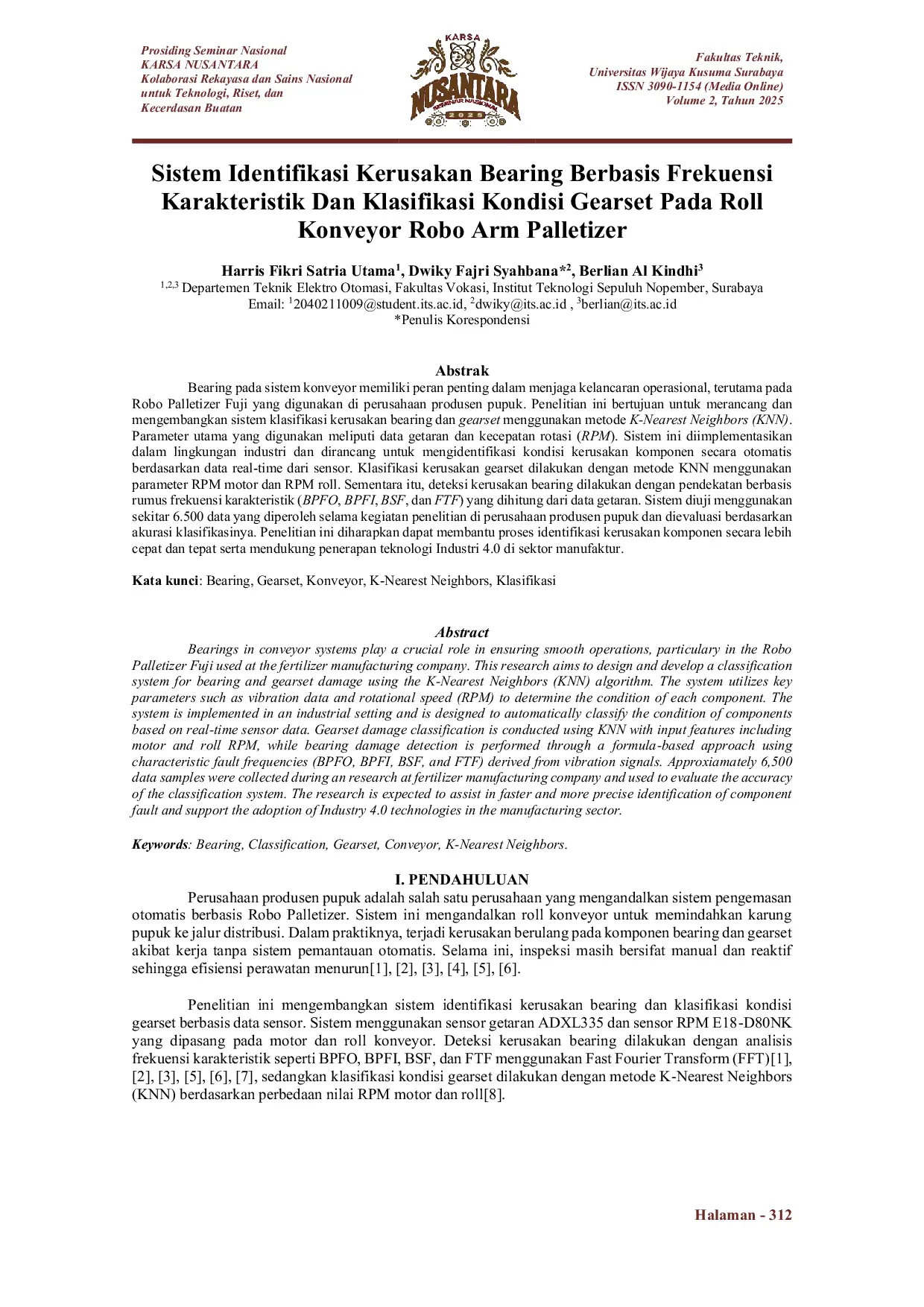 JURIS Sistem Identifikasi Kerusakan Bearing Berbasis Frekuensi Karakteristik dan Klasifikasi Kondisi Gearset Pada Roll Konveyor Robo Arm Palletizer