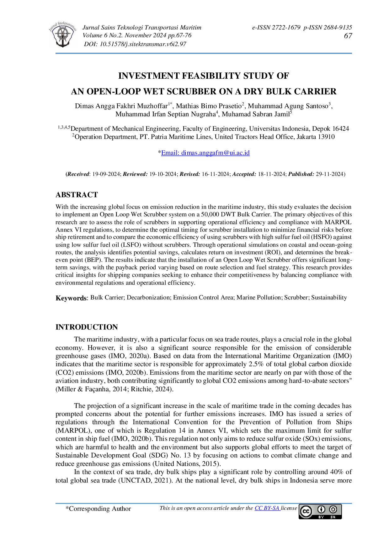 JURIS Return On Investment Of An Open Loop Wet Scrubber On A Dry Bulk Carrier