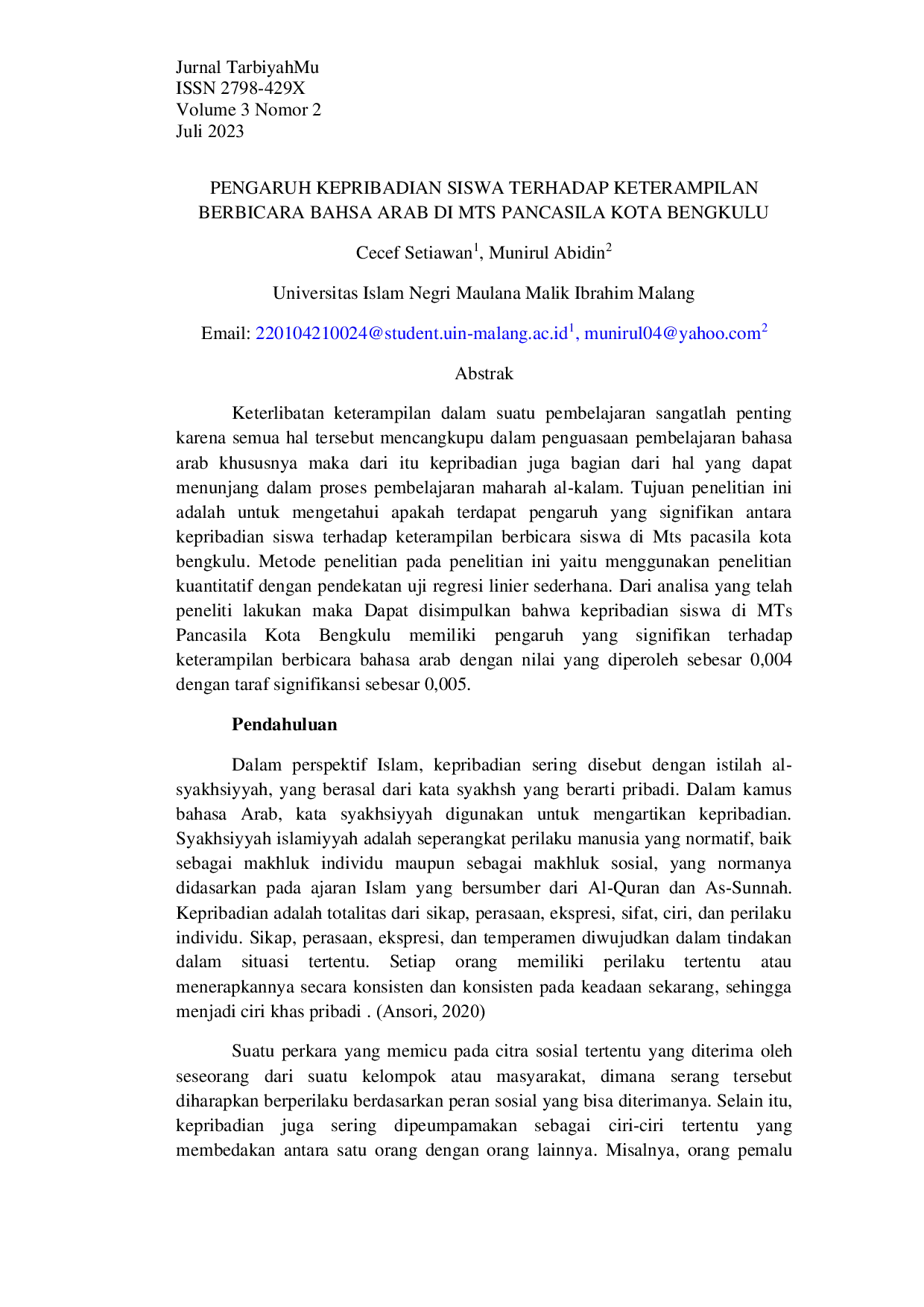 JURIS Pengaruh Kepribadian Siswa Terhadap Keterampilan Berbicara Bahsa Arab Di Mts Pancasila Kota Bengkulu