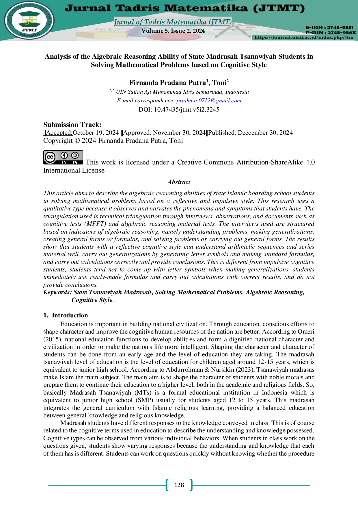 JURIS Analysis Of The Algebraic Reasoning Ability Of State Madrasah Tsanawiyah Students In Solving Mathematical Problems Based On Cognitive Style