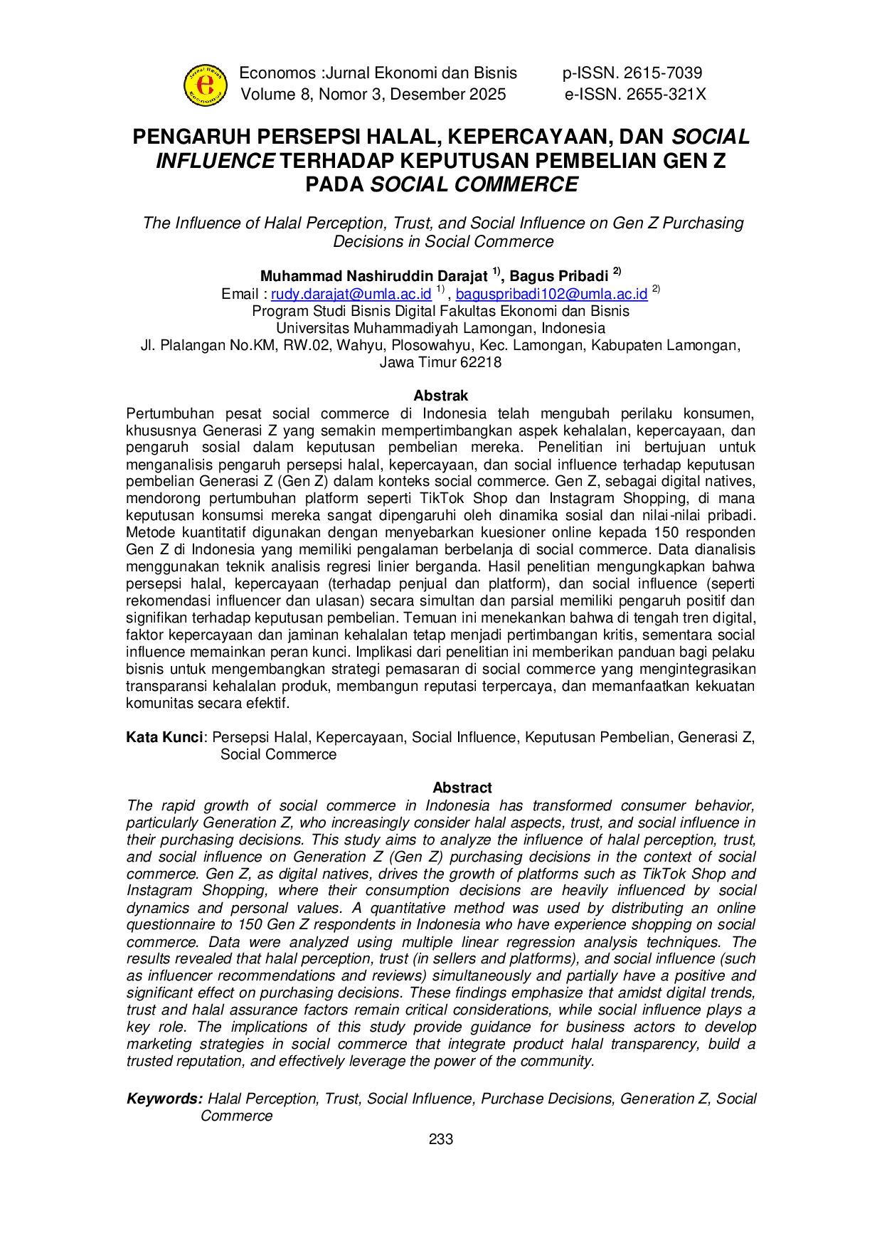 JURIS The Influence of Halal Perception Trust and Social Influence on Gen Z Purchasing Decisions in Social Commerce