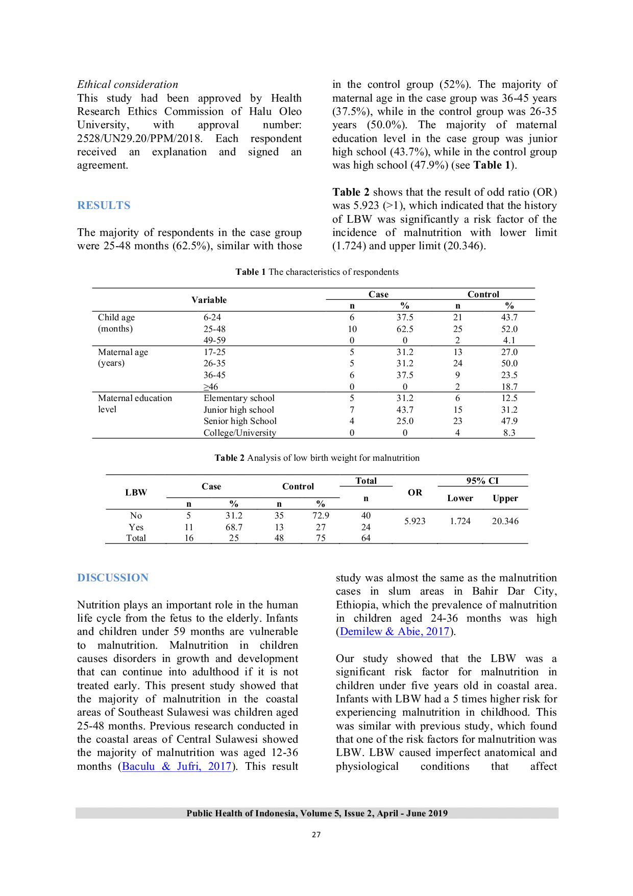 JURIS Low Birth Weight Is A Risk Factor Of Malnutrition In Children Under Five Years Old In Coastal Areas