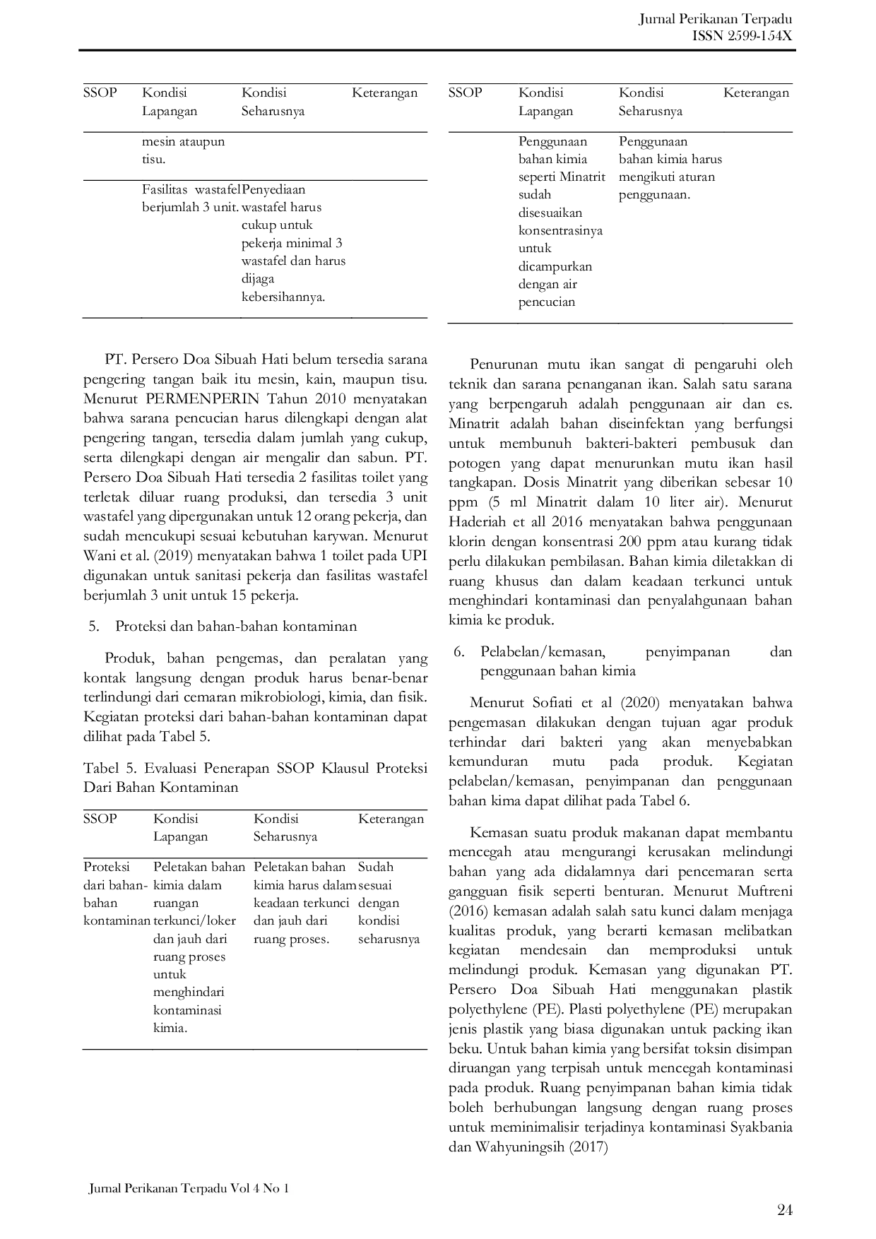 JURIS Penerapan Sanitation Standard Operating Procedures SSOP Pada Proses Pembekuan Ikan di Persero Doa Sibuah Hati