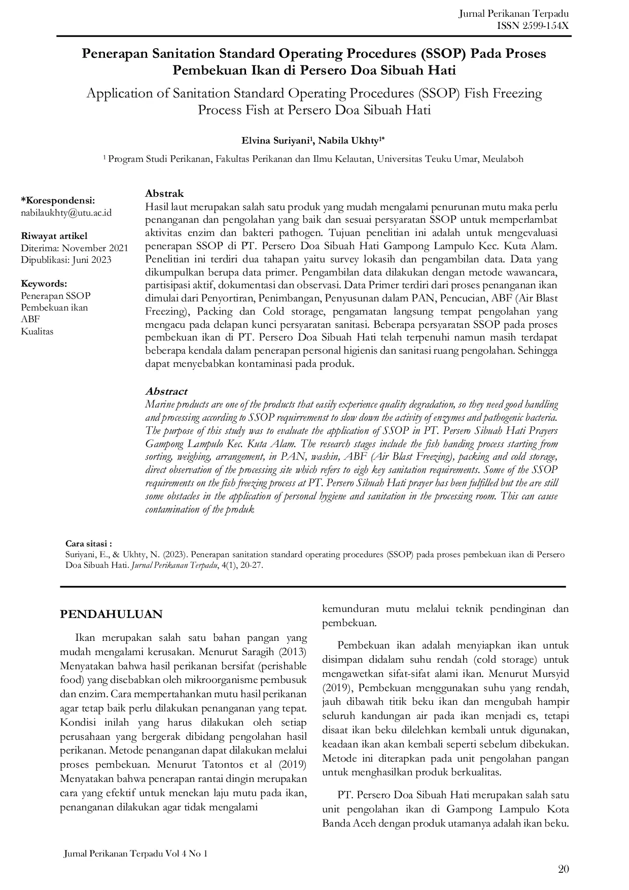JURIS Penerapan Sanitation Standard Operating Procedures SSOP Pada Proses Pembekuan Ikan di Persero Doa Sibuah Hati