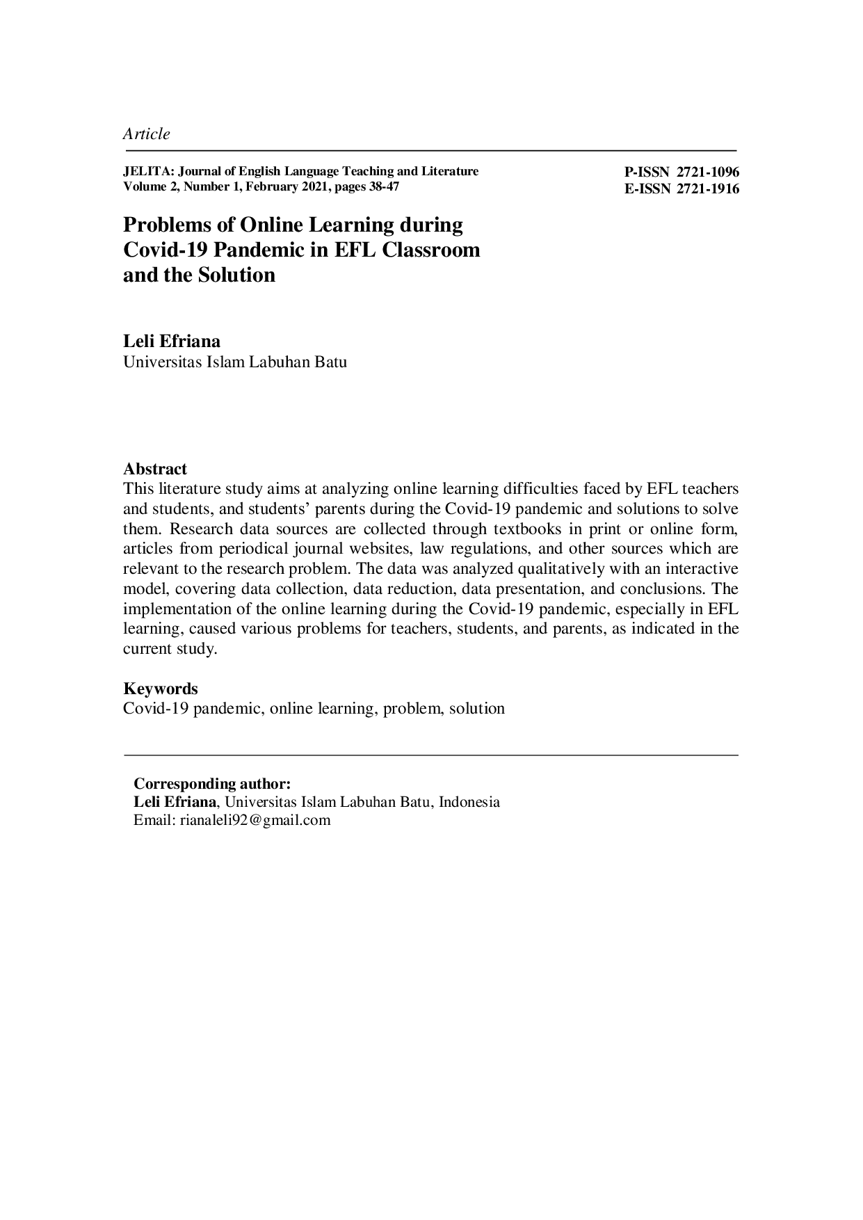 JURIS Problems of Online Learning during Covid 19 Pandemic in EFL Classroom and the Solution