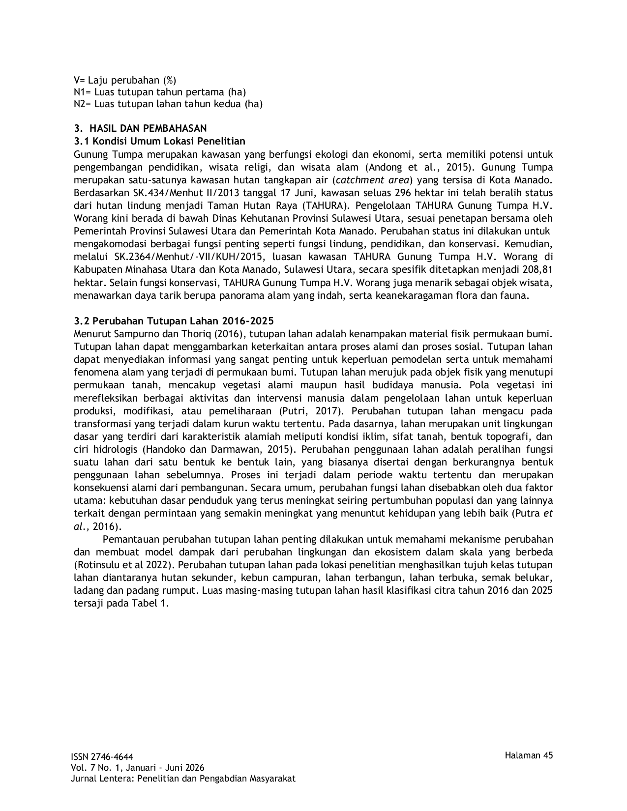 JURIS Kajian Tutupan Lahan di Taman Hutan Raya Gunung Tumpa Menggunakan Sistem Informasi Geografis