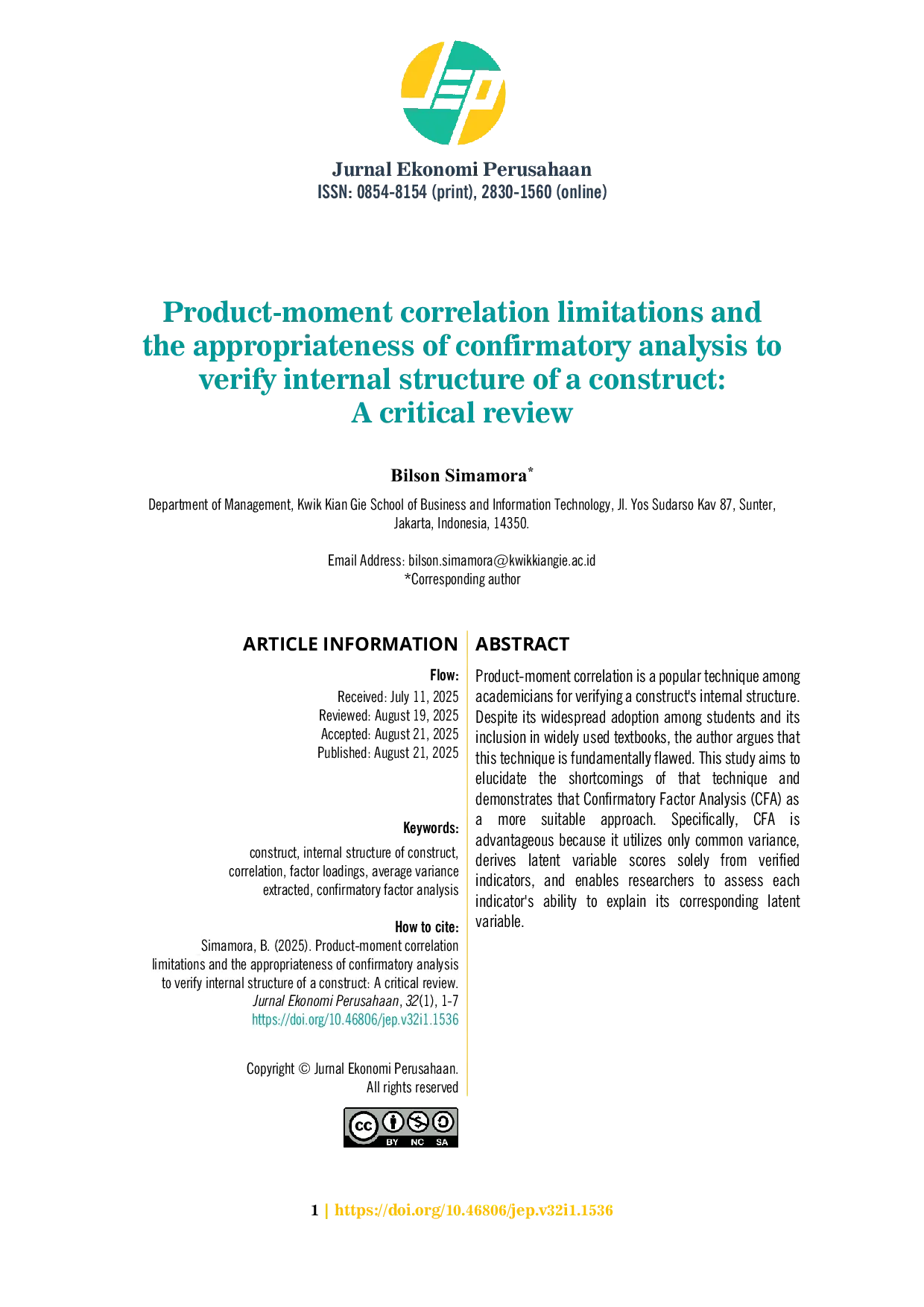 JURIS Product moment Correlation Limitations and the Appropriateness of Confirmatory Analysis to Verify Internal Structure of a Construct A Critical Review