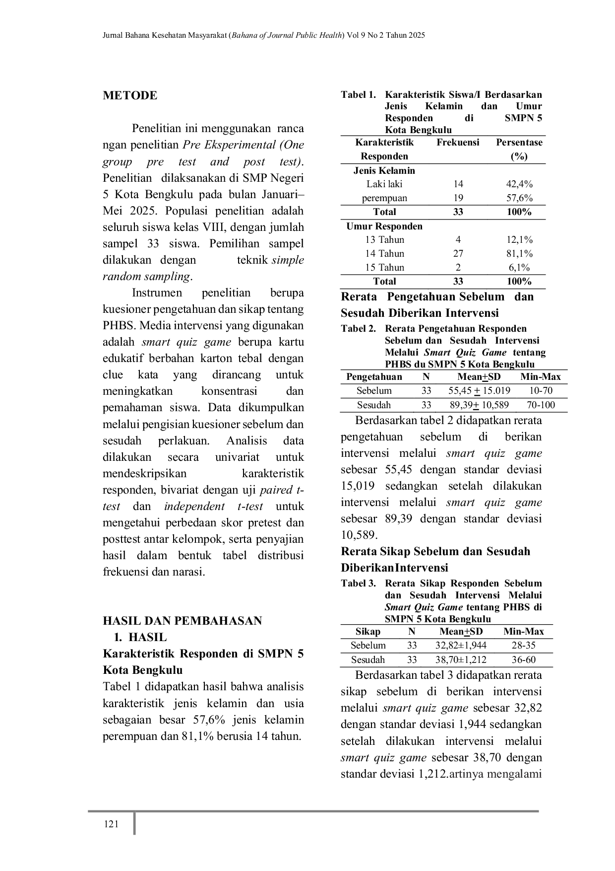JURIS Pengaruh Smart Quiz Game Terhadap Pengetahuan dan Sikap Siswa Tentang PHBS Pada Tatanan Sekolah di SMPN 5 Kota Bengkulu
