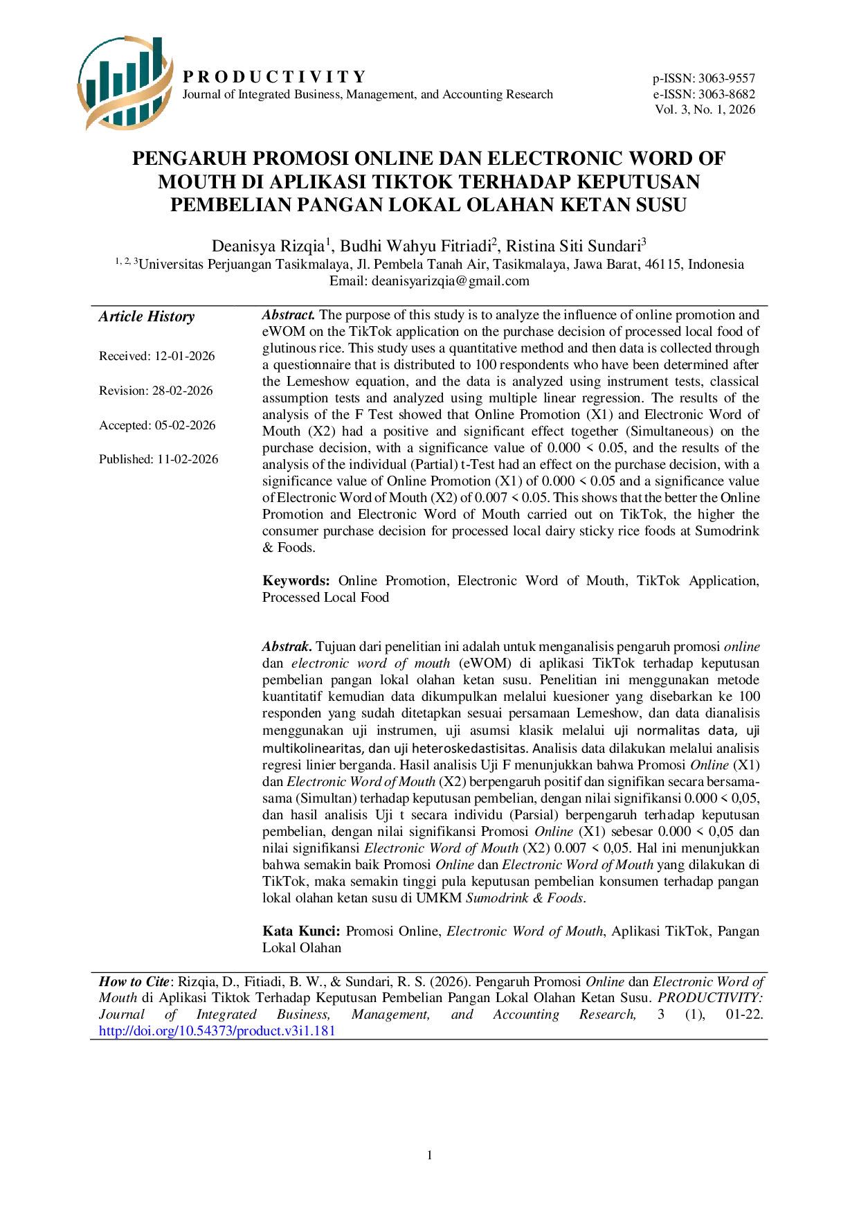 JURIS Pengaruh Promosi Online dan Electronic Word of Mouth di Aplikasi Tiktok Terhadap Keputusan Pembelian Pangan Lokal Olahan Ketan Susu