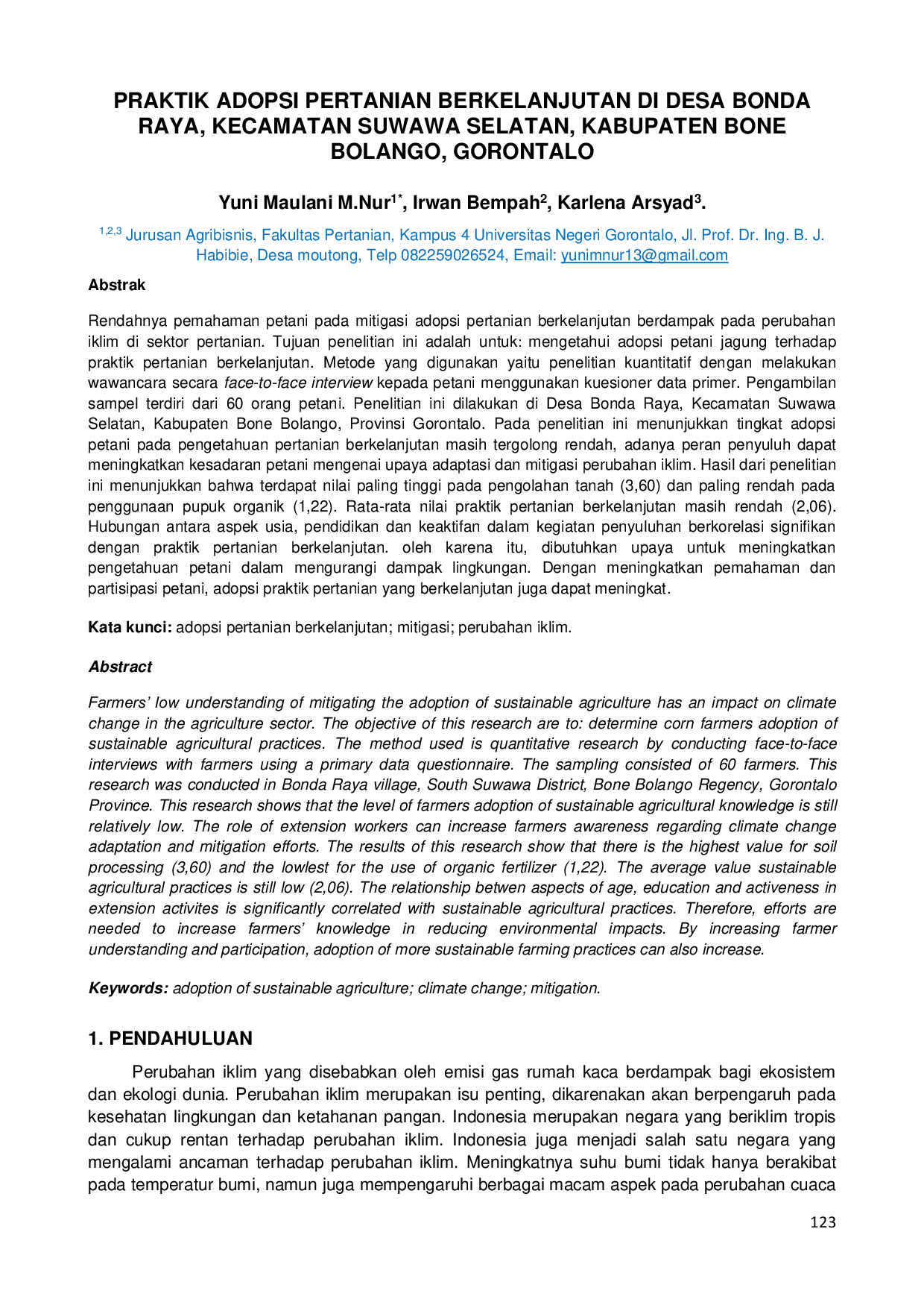 JURIS Praktik Adopsi Pertanian Berkelanjutan di Desa Bonda Raya Kecamatan Suwawa Selatan Kabupaten Bone Bolango Gorontalo