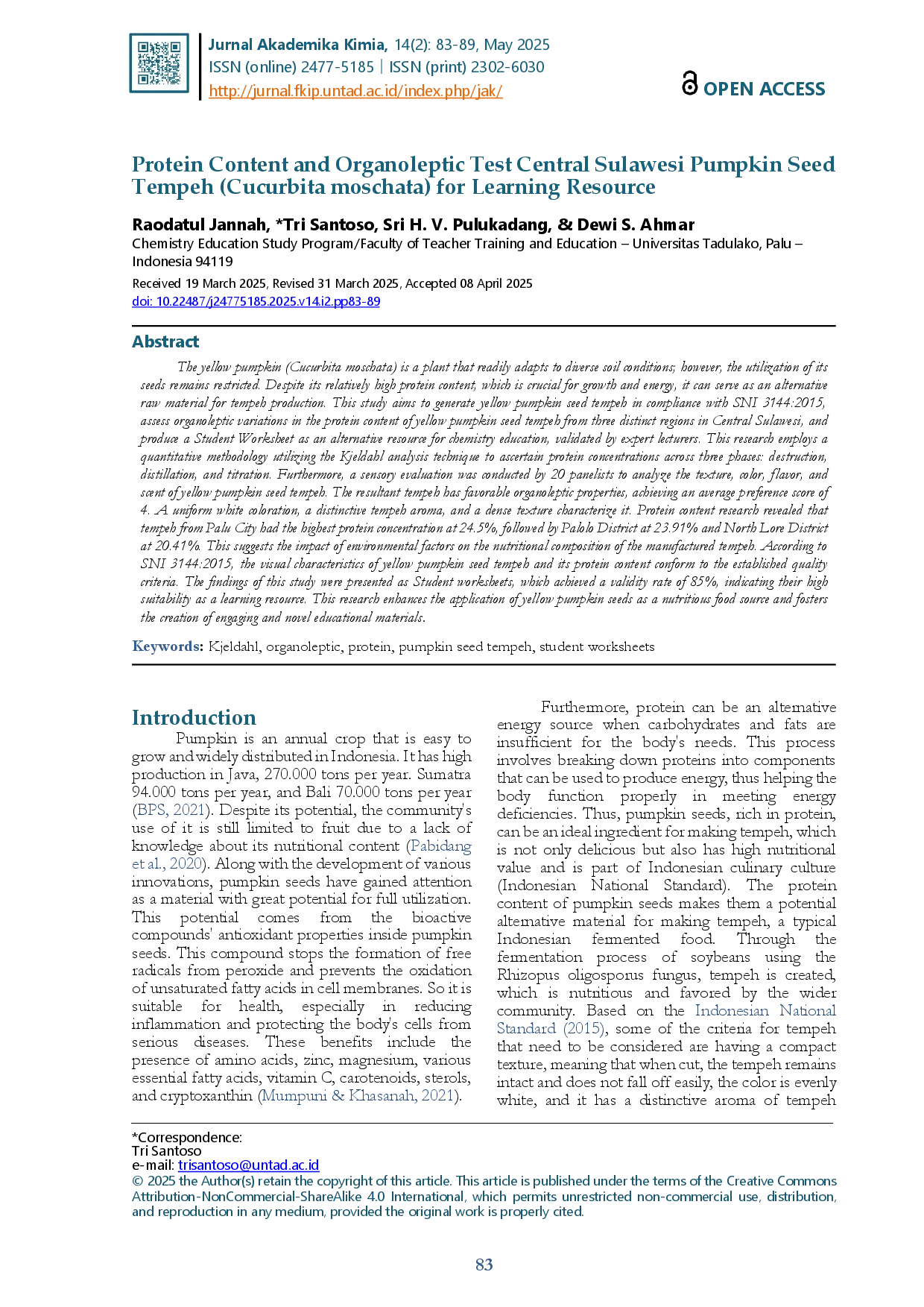 juris Protein Content and Organoleptic Test Central Sulawesi Pumpkin Seed Tempeh Cucurbita moschata for Learning Resource