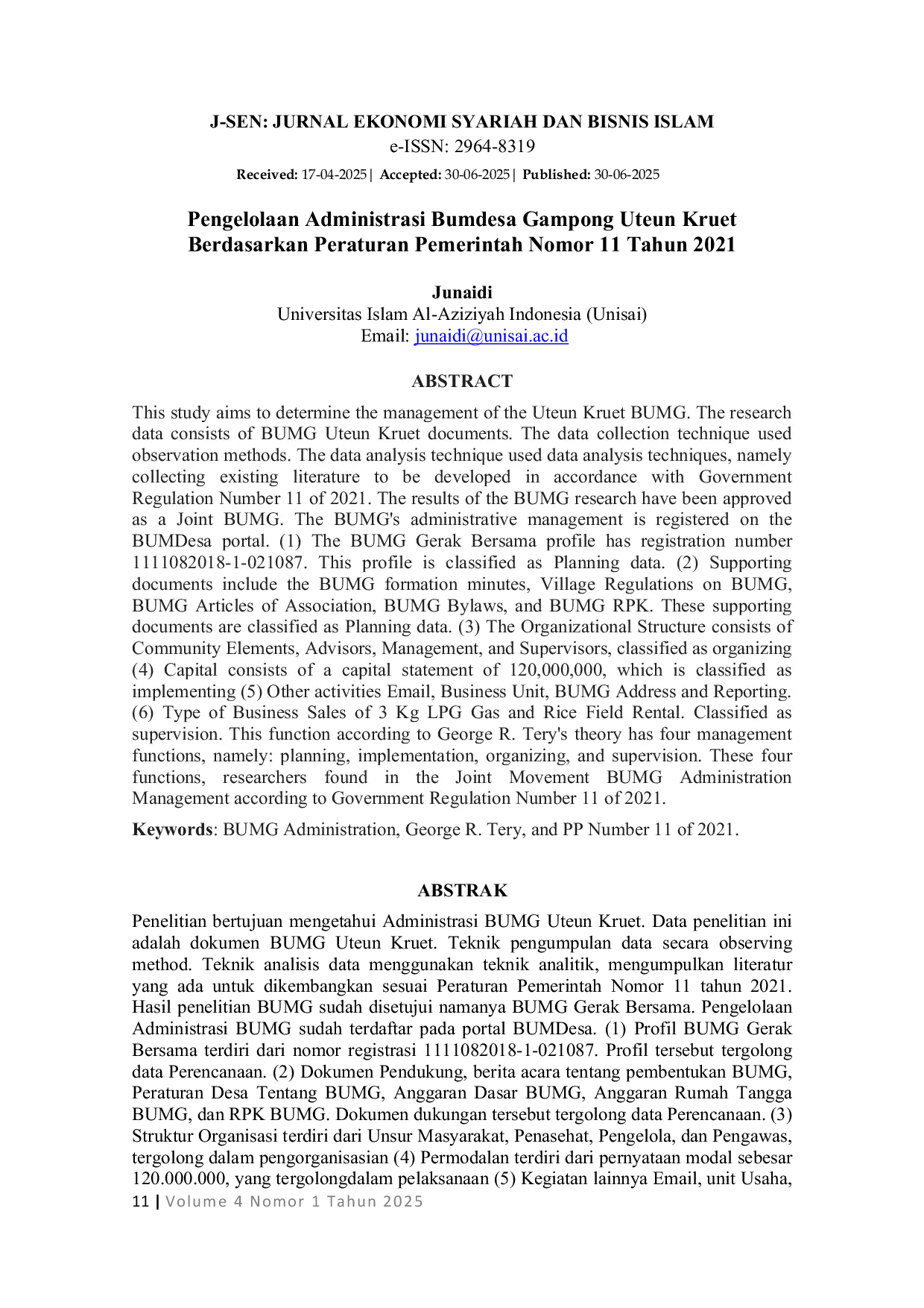 JURIS Pengelolaan Administrasi Bumdesa Gampong Uteun Kruet Berdasarkan Peraturan Pemerintah Nomor 11 Tahun 2021