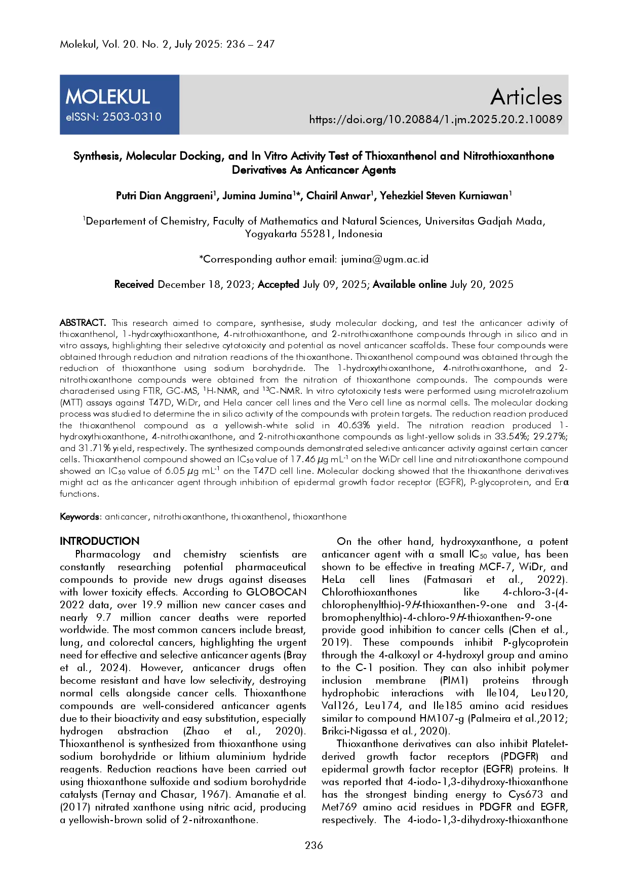 juris Synthesis Molecular Docking and In Vitro Activity Test of Thioxanthenol and Nitrothioxanthone Derivatives As Anticancer Agents