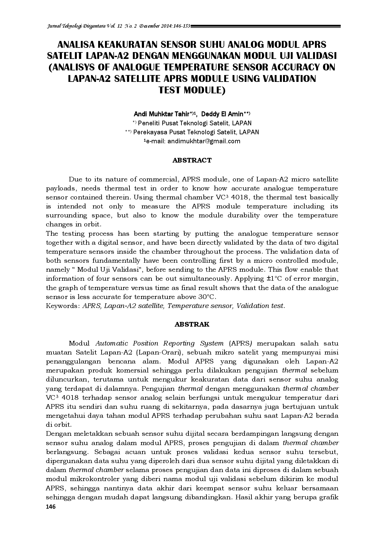 juris Analisa Keakuratan Sensor Suhu Analog Modul Aprs Satelit Lapan A2 Dengan Menggunakan Modul Uji Validasi