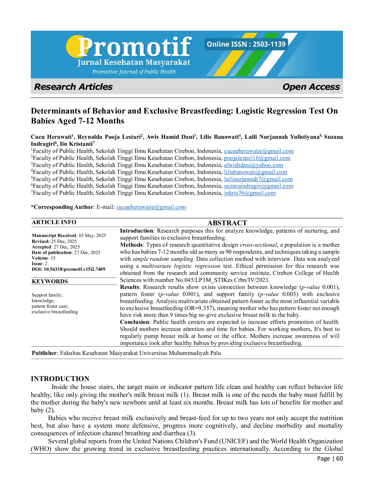 JURIS Determinants Of Behavior And Exclusive Breastfeeding Logistic Regression Test On Babies Aged 7 12 Months