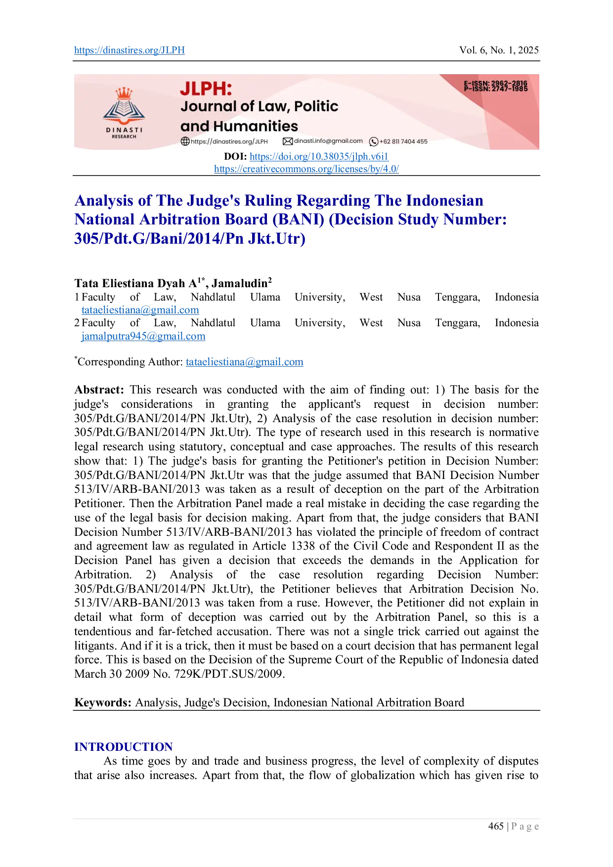 JURIS Analysis Of The Judge s Ruling Regarding The Indonesian National Arbitration Board BANI Decision Study Number 305 Pdt G BANI 2014 PN Jkt Utr