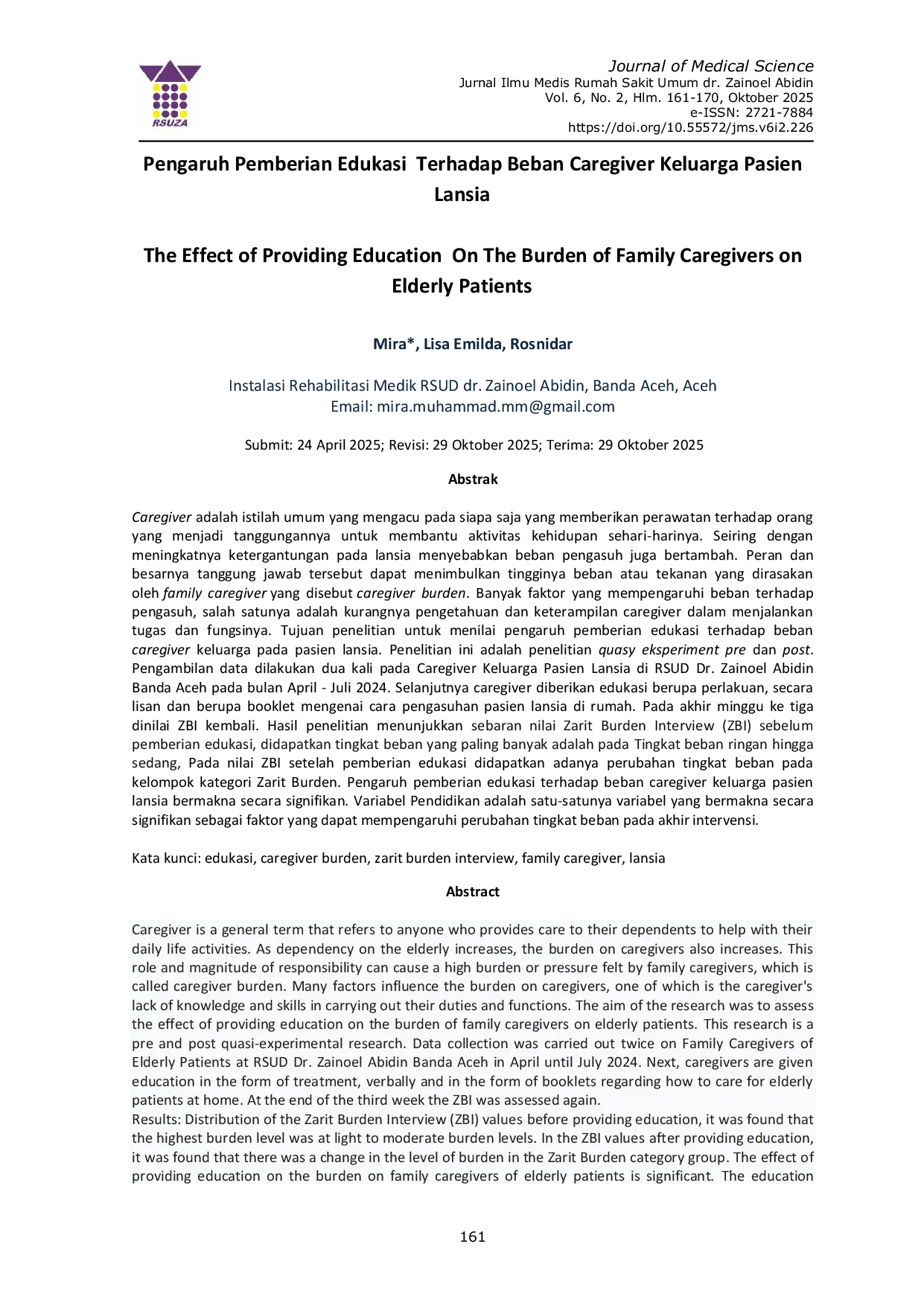 JURIS Pengaruh Pemberian Edukasi Terhadap Beban Caregiver Keluarga Pasien Lansia The Effect of Providing Education On The Burden of Family Caregivers on Elderly Patients
