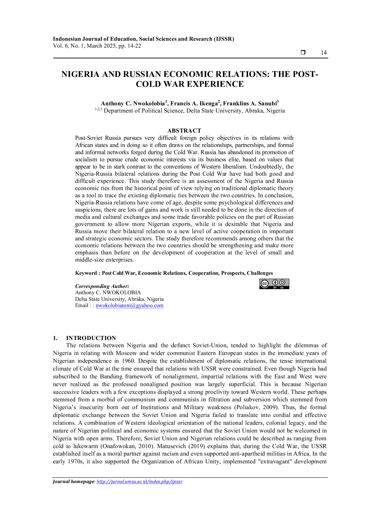 JURIS Nigeria And Russian Economic Relations The Post Cold War Experience