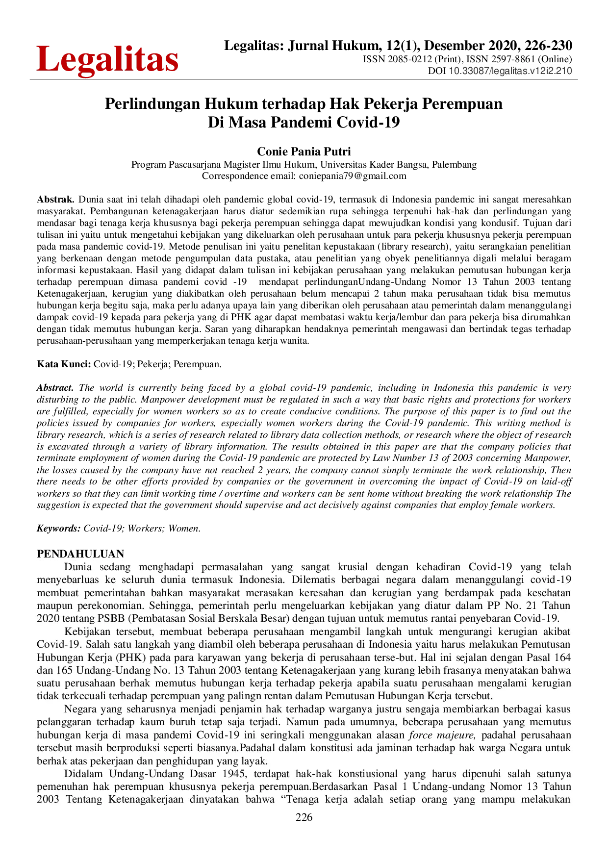 JURIS Perlindungan Hukum terhadap Hak Pekerja Perempuan Di Masa Pandemi Covid 19