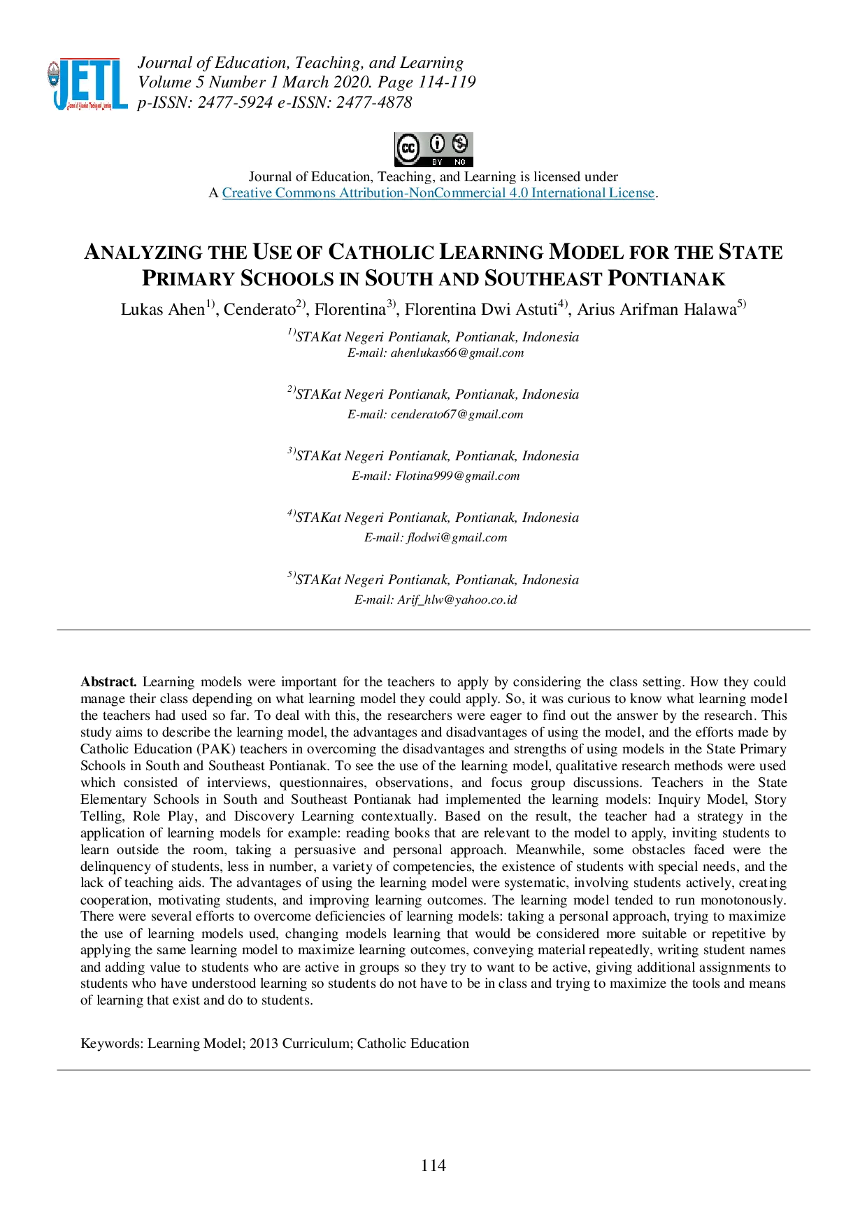 juris Analyzing the Use of Catholic Learning Model for the State Primary Schools in South and Southeast Pontianak