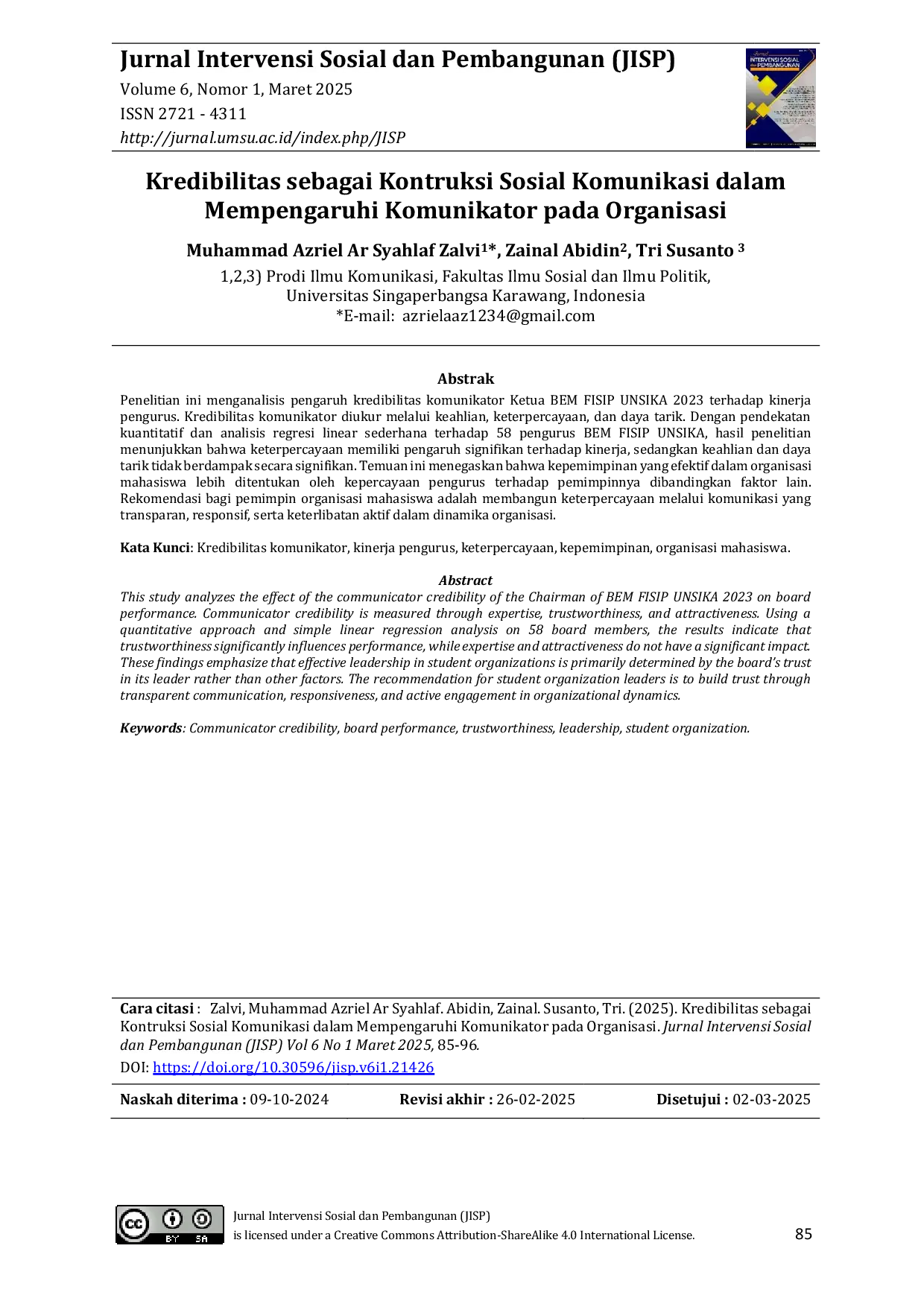 JURIS Kredibilitas sebagai Kontruksi Sosial Komunikasi dalam Mempengaruhi Komunikator pada Organisasi