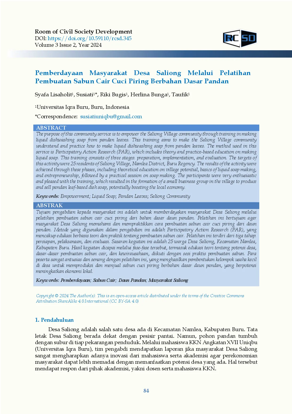 juris Pemberdayaan Masyarakat Desa Saliong Melalui Pelatihan Pembuatan Sabun Cair Cuci Piring Berbahan Dasar Pandan