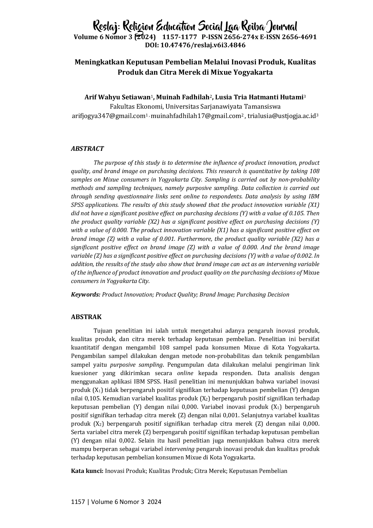 JURIS Meningkatkan Keputusan Pembelian Melalui Inovasi Produk Kualitas Produk dan Citra Merek di Mixue Yogyakarta