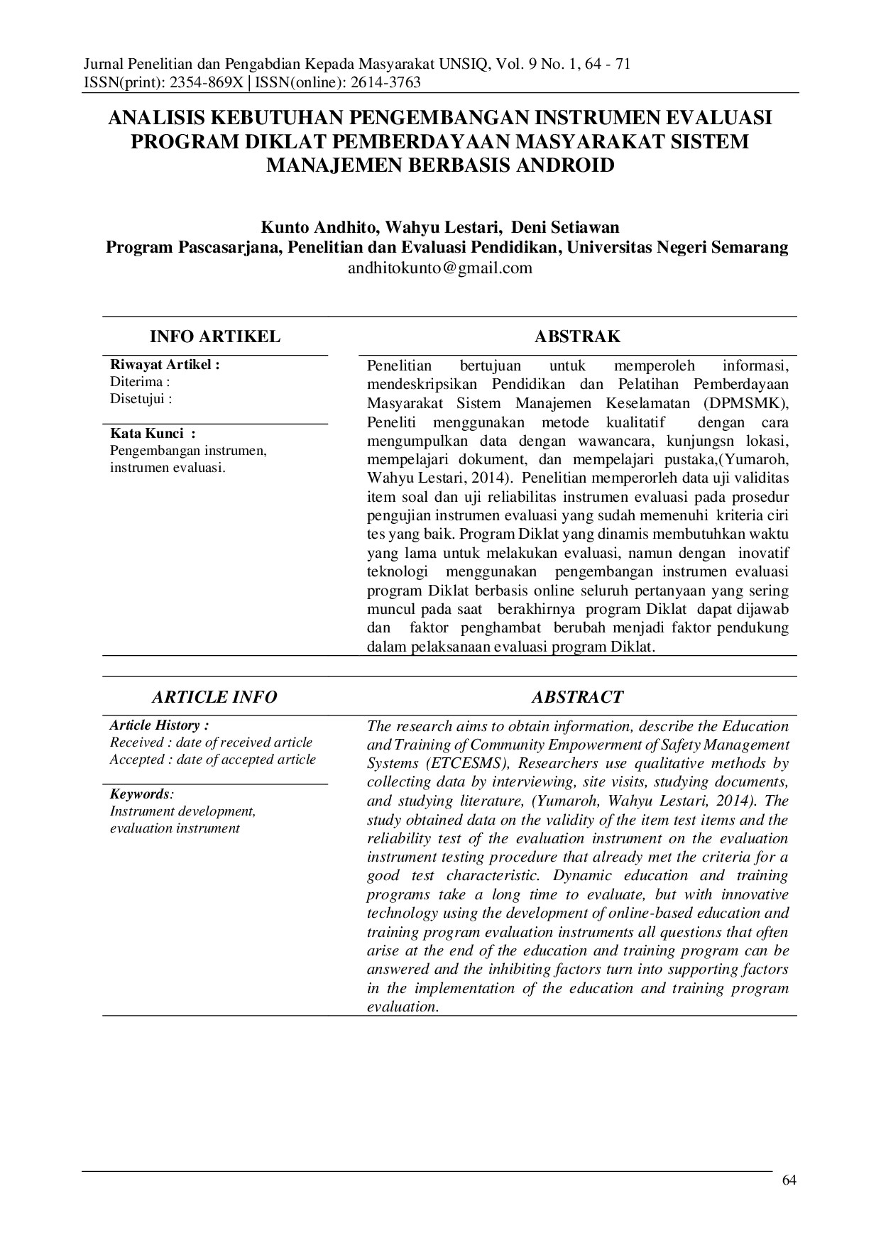 juris Analisis Kebutuhan Pengembangan Instrumen Evaluasi Program Diklat Pemberdayaan Masyarakat Sistem Manajemen Berbasis Android