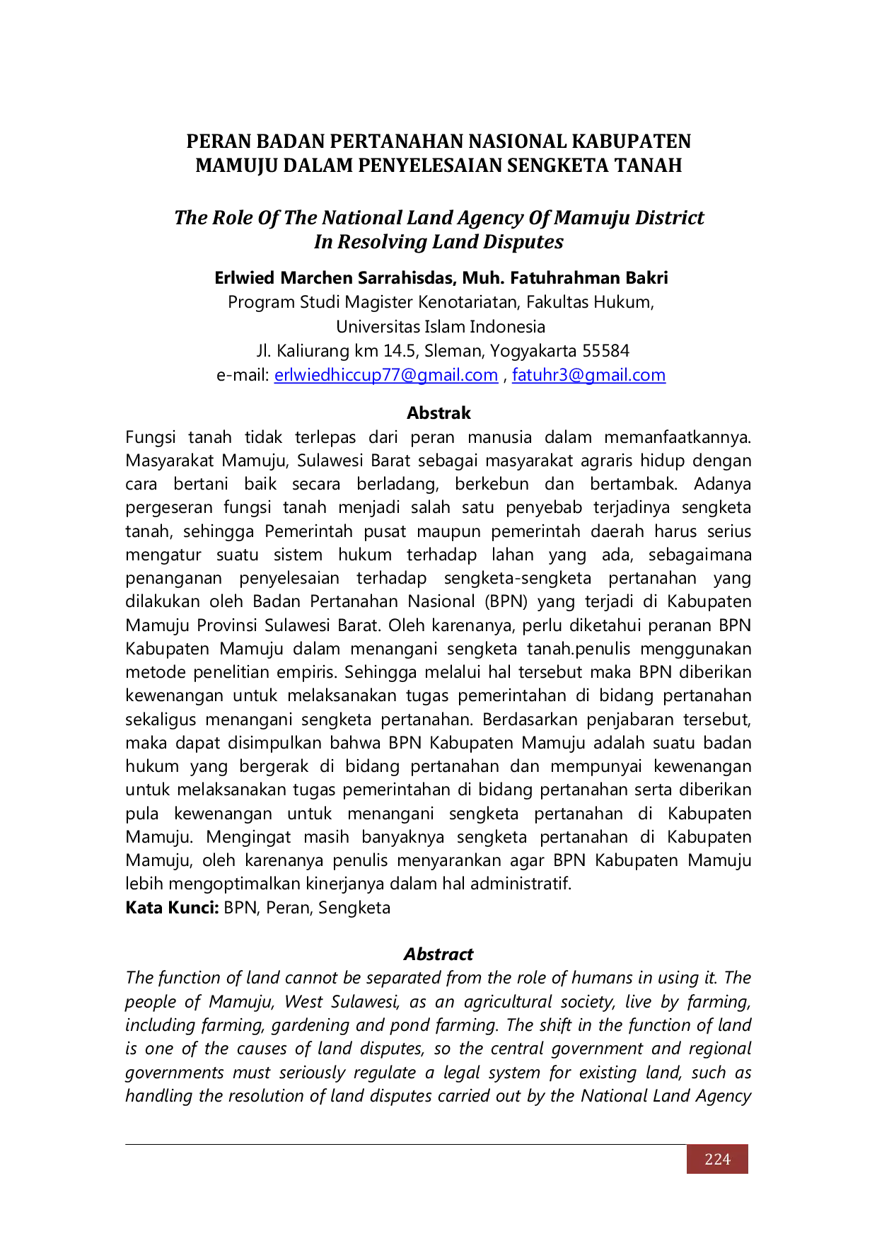 JURIS Peran Badan Pertanahan Nasional Kabupaten Mamuju Dalam Penyelesaian Sengketa Tanah