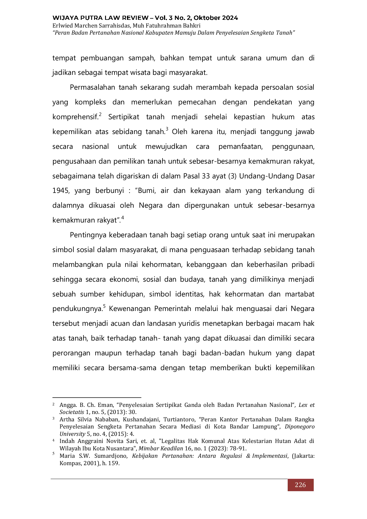 JURIS Peran Badan Pertanahan Nasional Kabupaten Mamuju Dalam Penyelesaian Sengketa Tanah