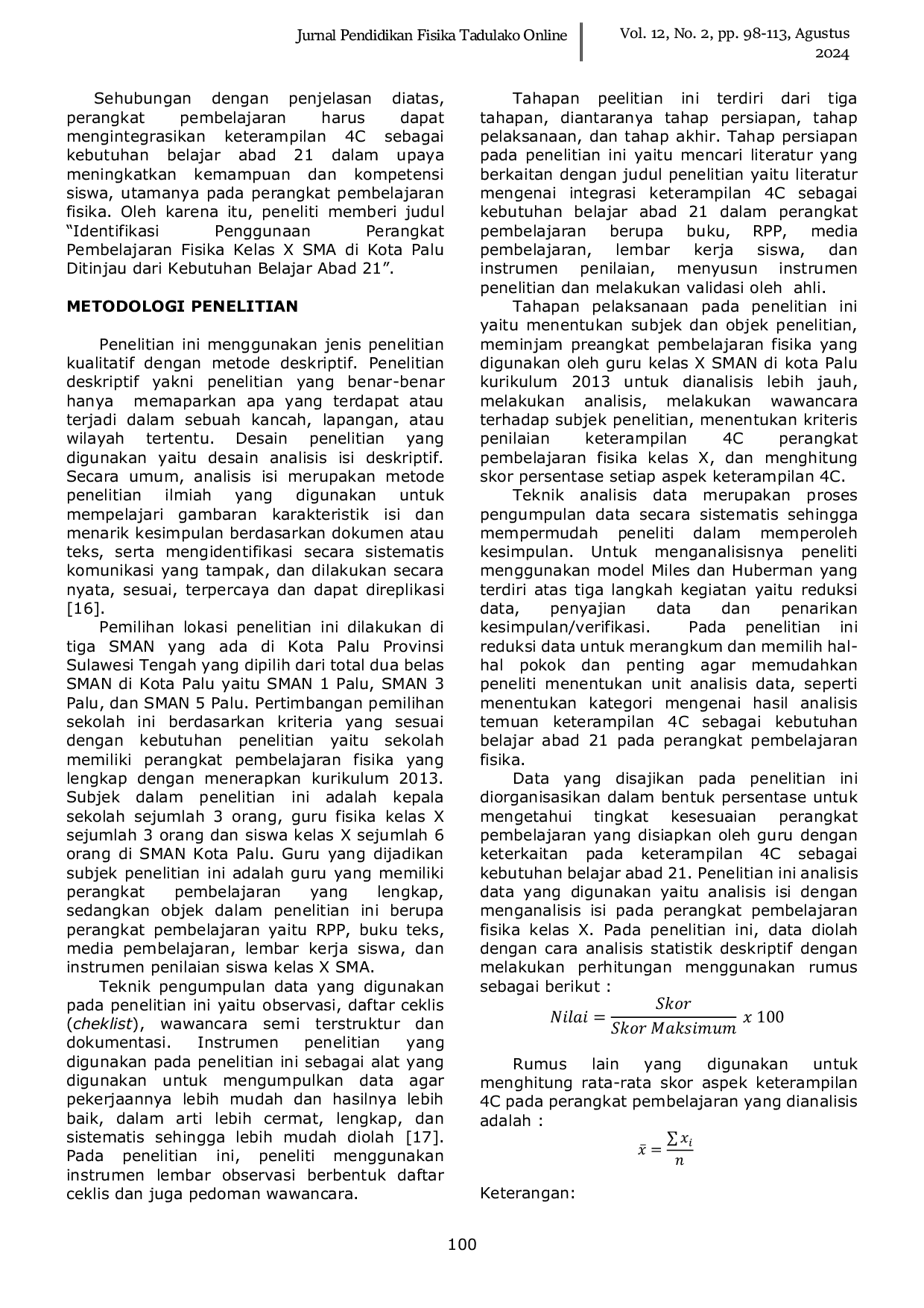 JURIS Identifikasi Penggunaan Perangkat Pembelajaran Fisika Kelas X SMA di Kota Palu Ditinjau dari Kebutuhan Belajar Abad 21