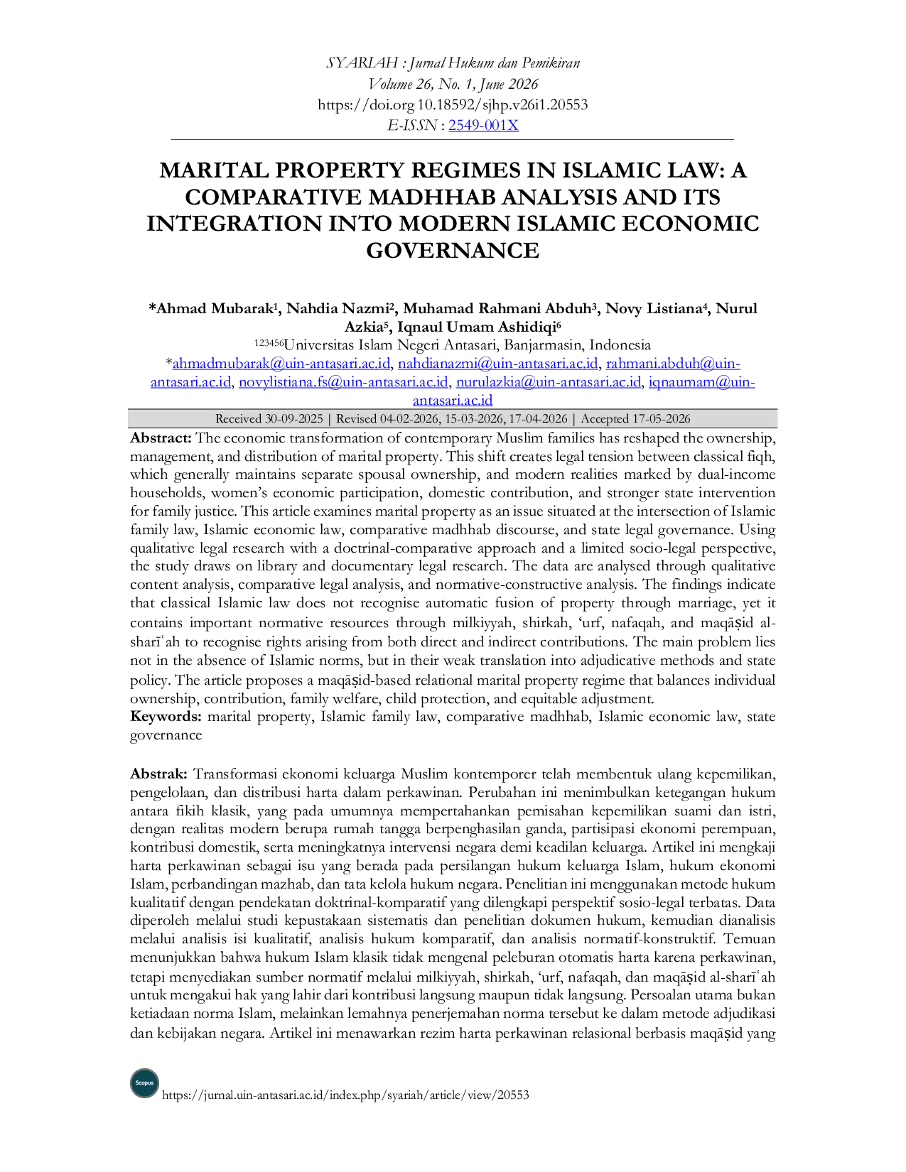 JURIS Marital Property Regimes in Islamic Law A Comparative Madhhab Analysis and Its Integration into Modern Islamic Economic Governance