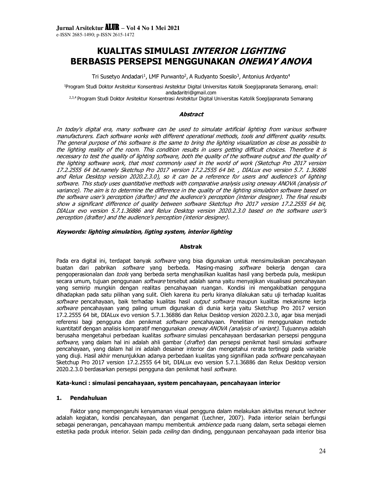 JURIS Kualitas Simulasi Interior Lighting Berbasis Persepsi Menggunakan Oneway Anova