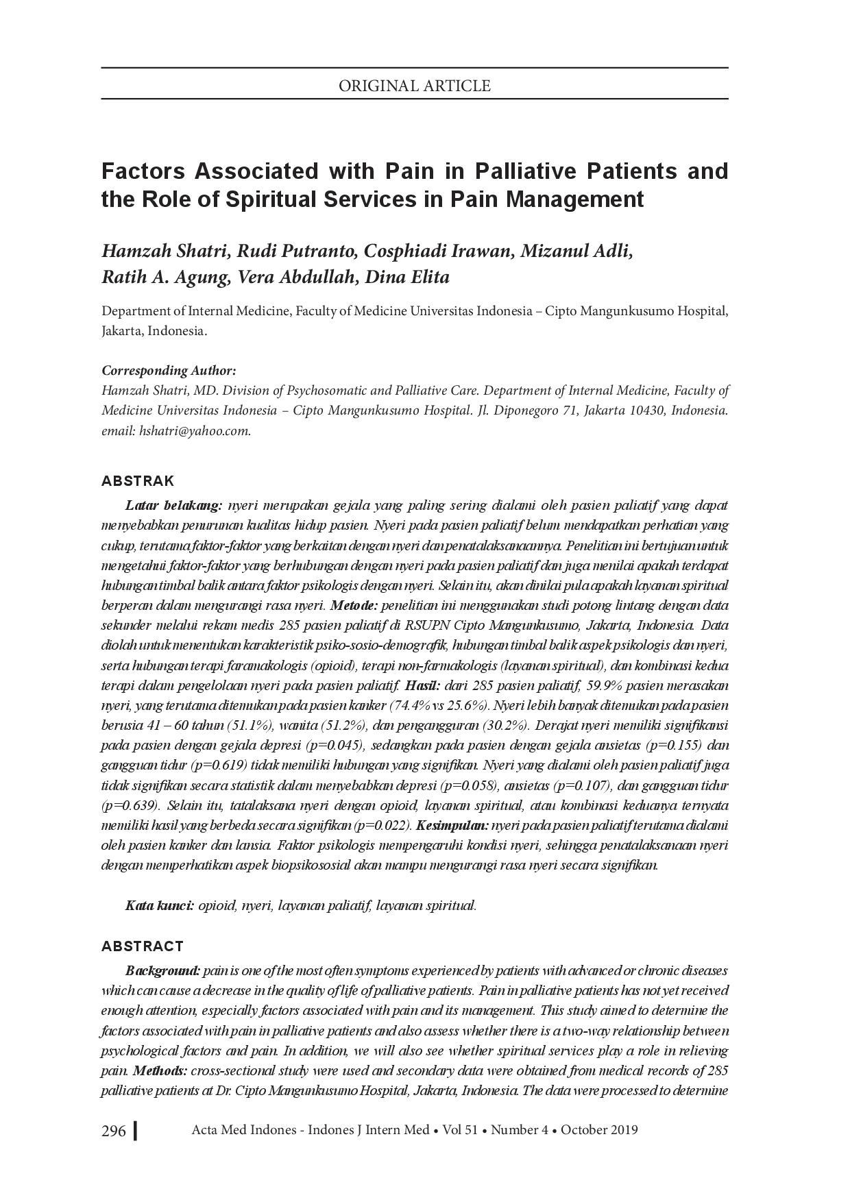 juris Faktor yang Berhubungan dengan Nyeri pada Pasien Paliatif dan Peran Layanan Spiritual dalam Pengelolaan Nyeri