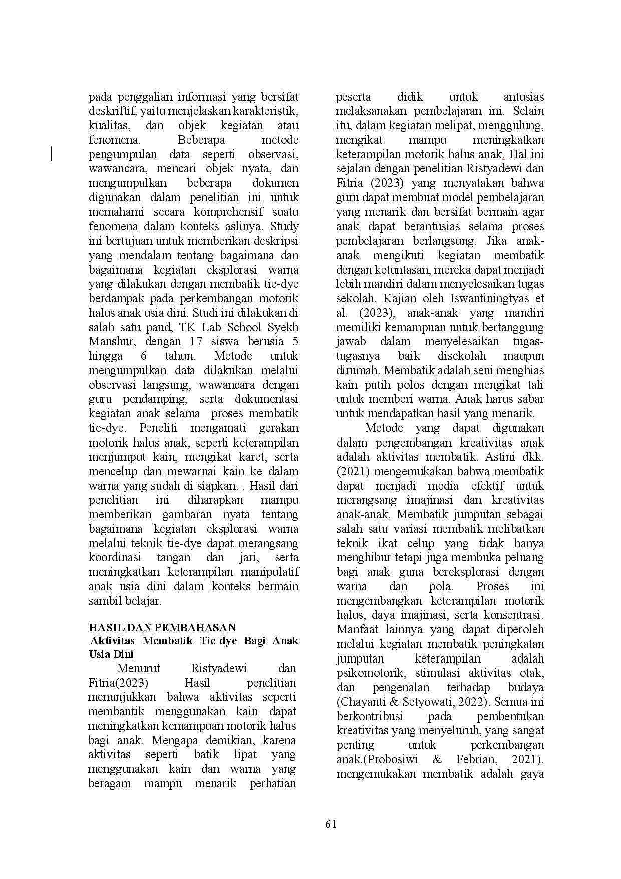 JURIS Warna Pemanfaatan Membatik Tie Dye Sebagai Stimulasi Perkembangan Motorik Halus Anak Usia Dini