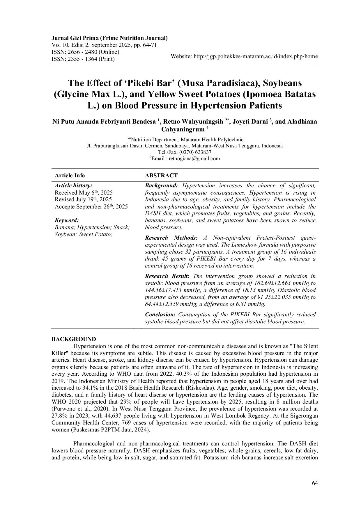 JURIS The Effect of Pikebi Bar Musa Paradisiaca Soybeans Glycine Max L and Yellow Sweet Potatoes Ipomoea Batatas L on Blood Pressure in Hypertension Patients