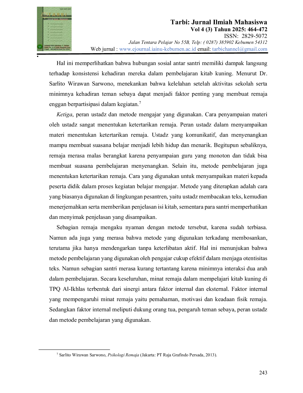 JURIS Analisis Faktor Faktor yang Mempengaruhi Minat Belajar Kitab Kuning Pada Remaja di TPQ Al Ikhlas