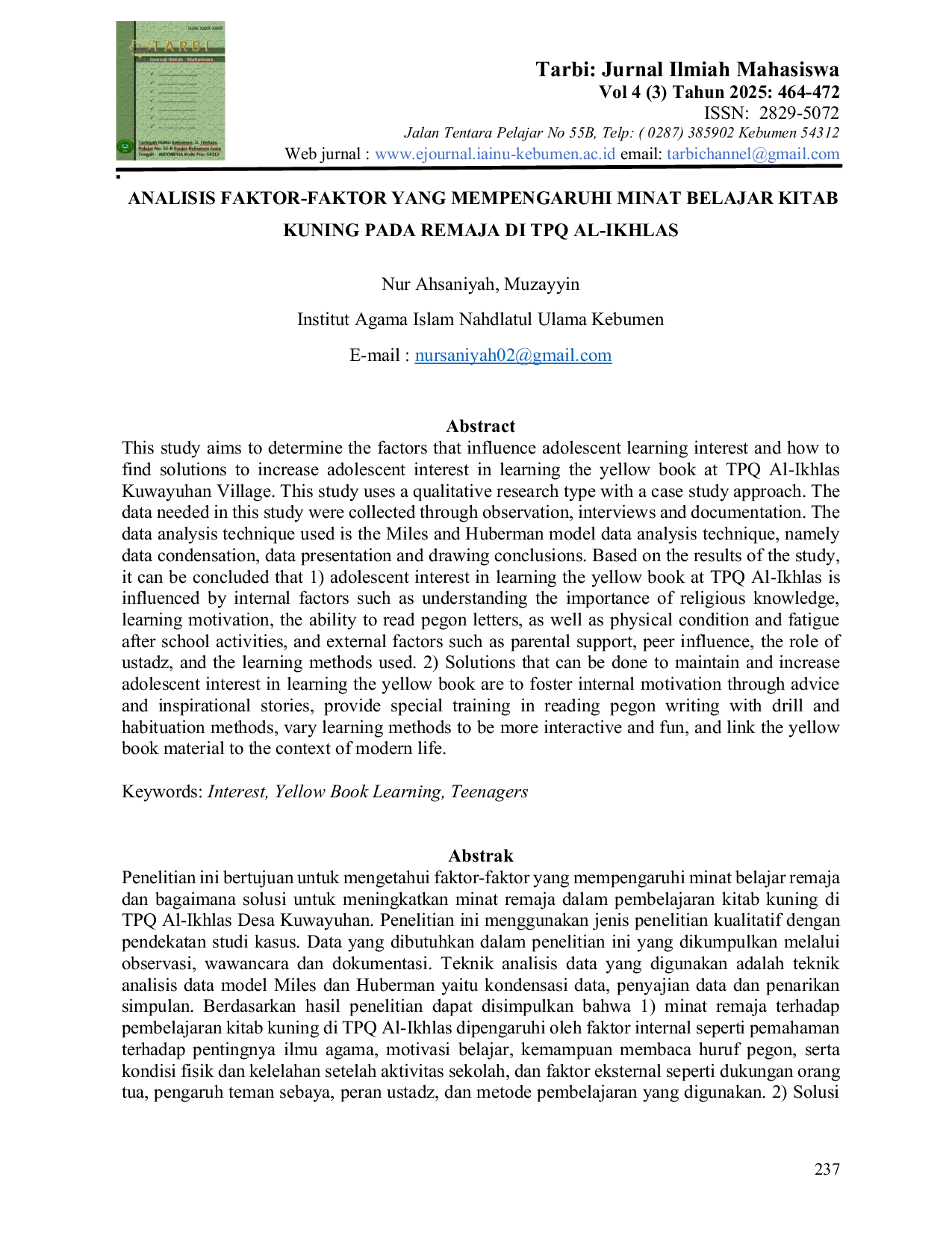 JURIS Analisis Faktor Faktor yang Mempengaruhi Minat Belajar Kitab Kuning Pada Remaja di TPQ Al Ikhlas