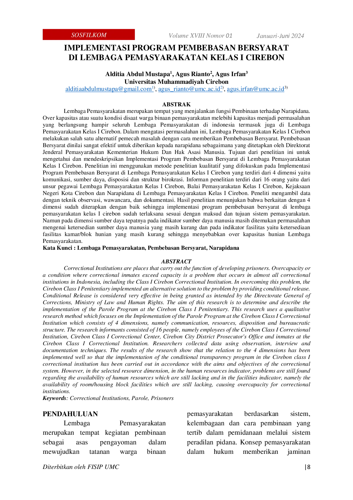 JURIS Implementasi Program Pembebasan Bersyarat Di Lembaga Pemasyarakatan Kelas I Cirebon