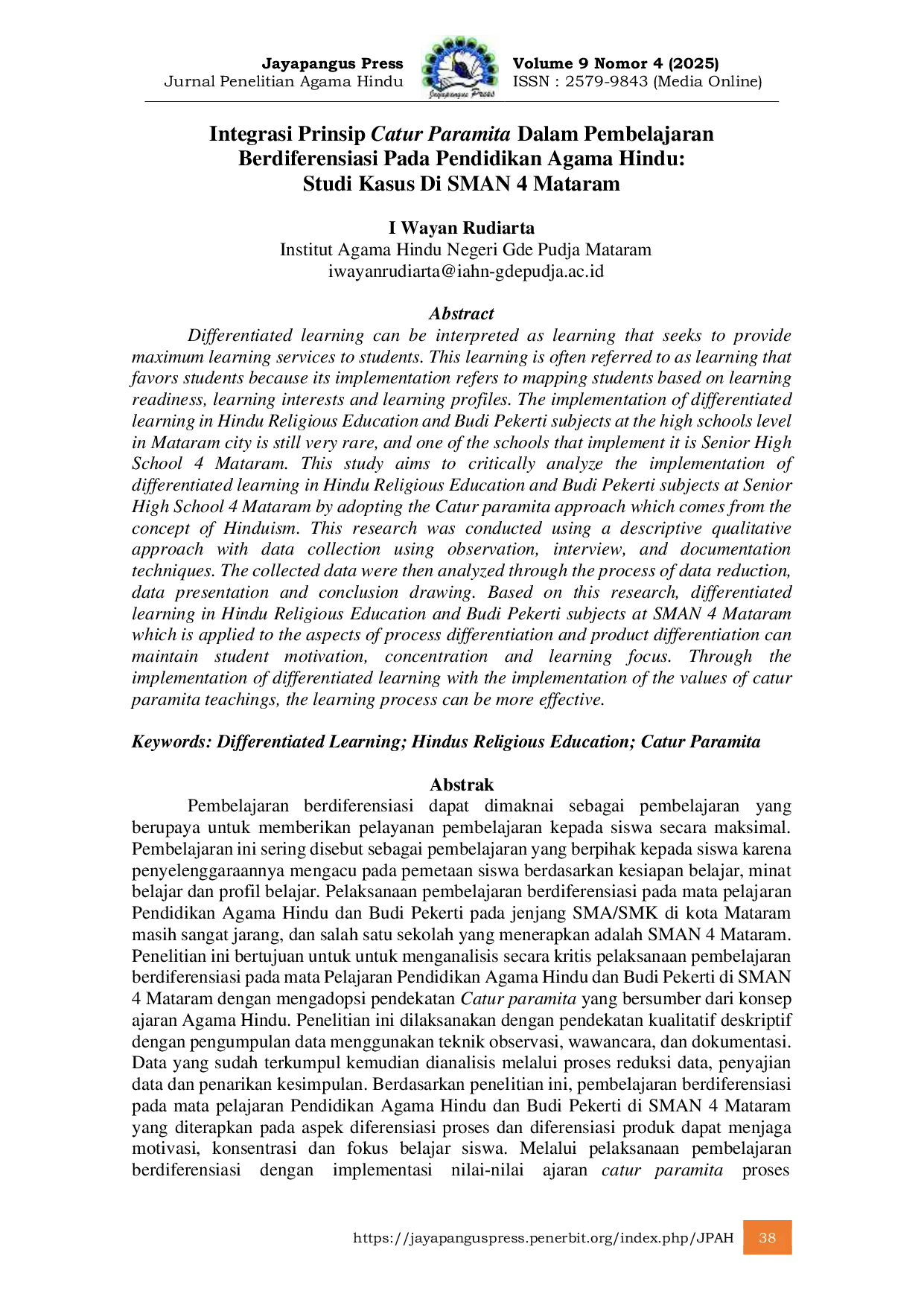 JURIS Integrasi Prinsip Catur Paramita Dalam Pembelajaran Berdiferensiasi Pada Pendidikan Agama Hindu Studi Kasus Di SMAN 4 Mataram