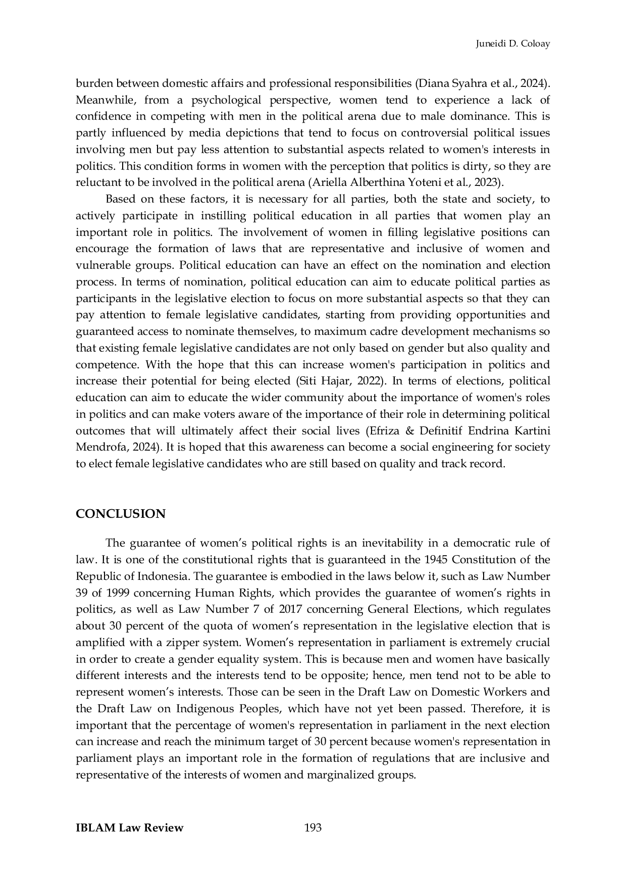 JURIS The Affirmative Action For Women In Legislative Elections As An Effort To Embody Inclusive Regulations
