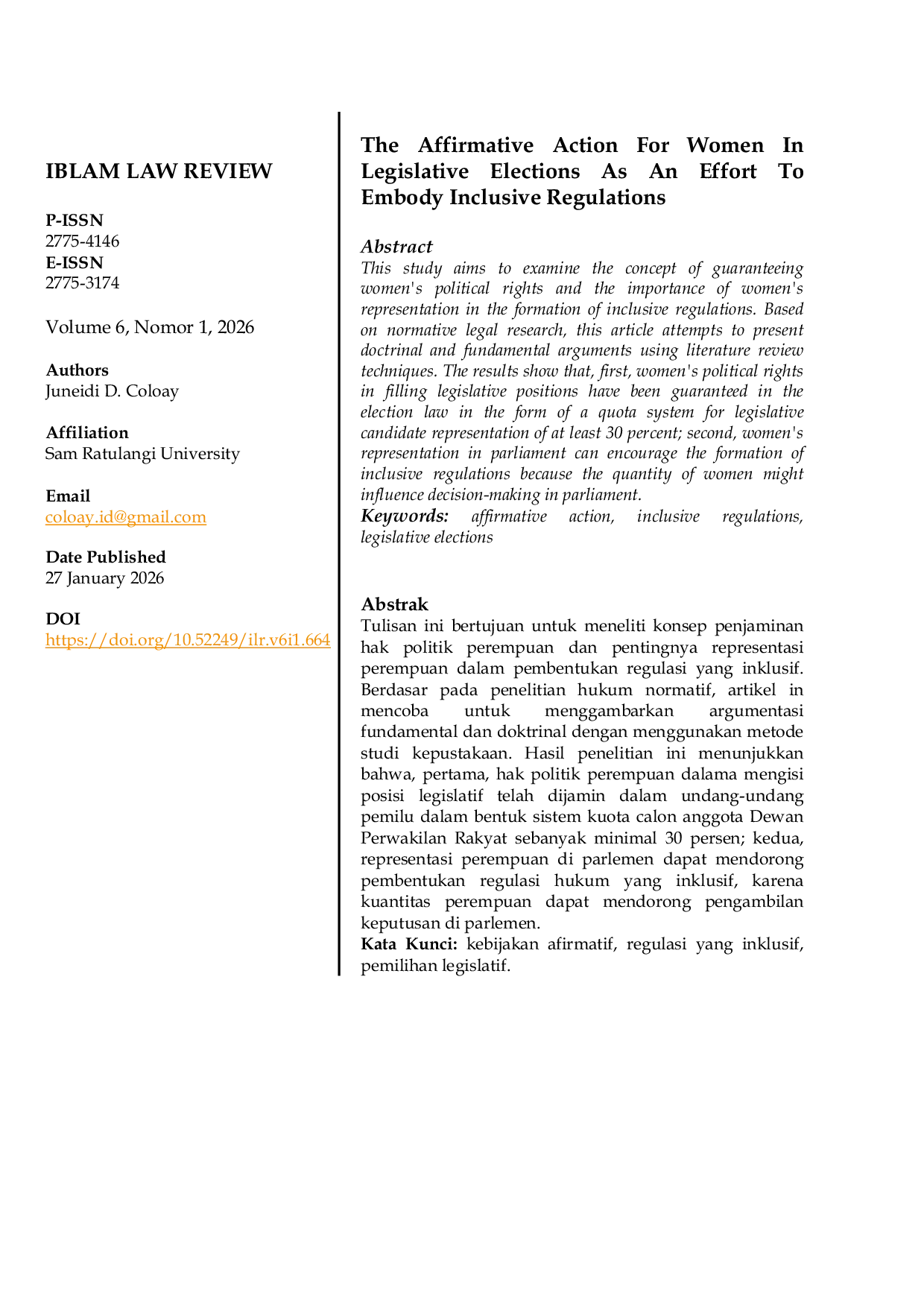 JURIS The Affirmative Action For Women In Legislative Elections As An Effort To Embody Inclusive Regulations
