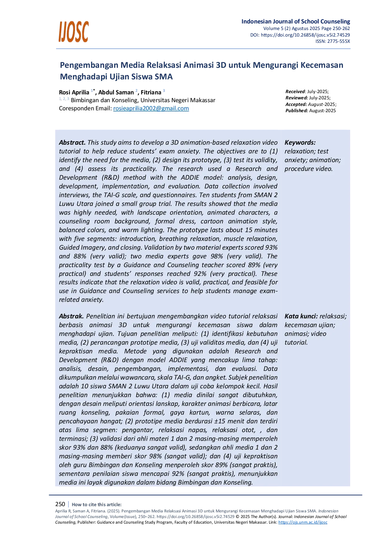 JURIS Pengembangan Media Relaksasi Animasi 3D untuk Mengurangi Kecemasan Menghadapi Ujian Siswa SMA